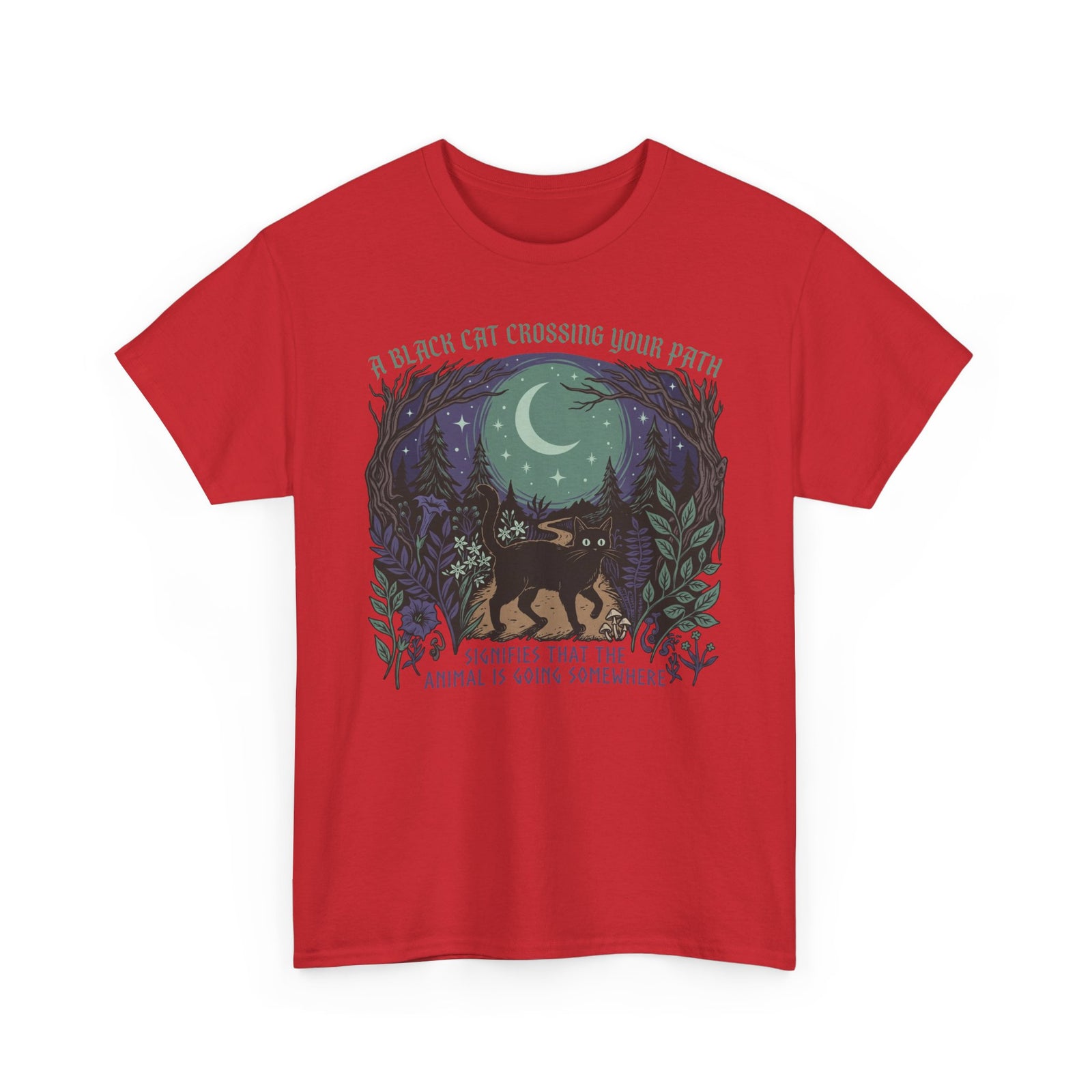 Black Cat Crossing Your Path Tee — Whimsical Moonlit Forest Cat Shirt