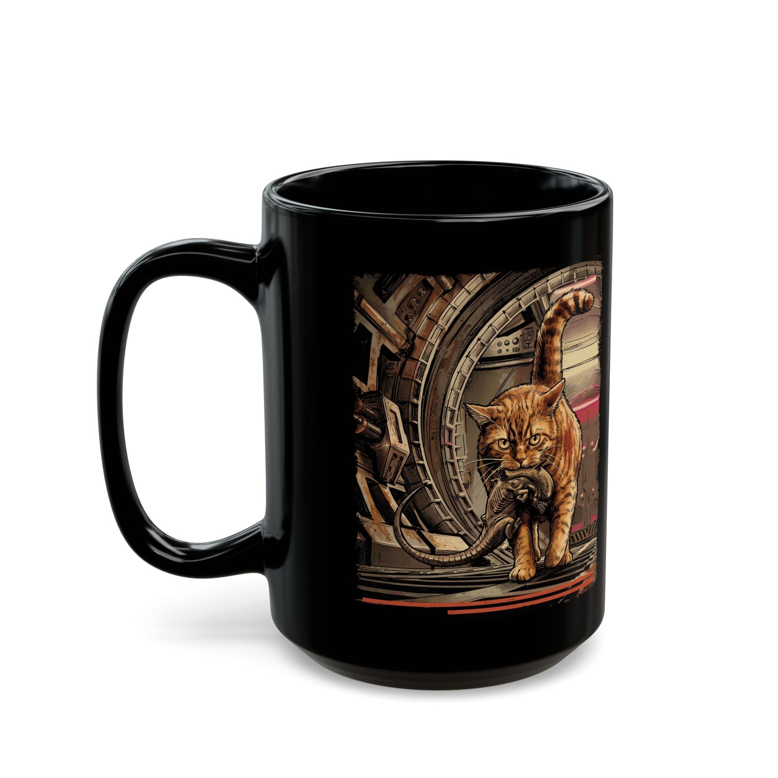 Alien Pest Control Cat Black Mug — Retro Sci-Fi Space Drinkware
