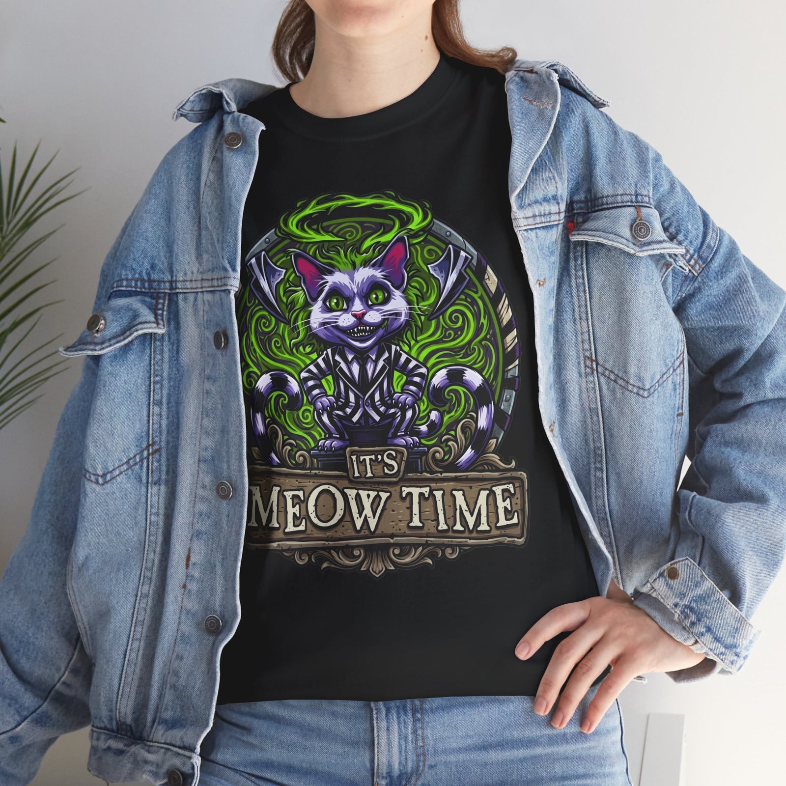 It's Meow Time Cat T‑Shirt — Gothic Neon Halloween Cat Graphic Tee