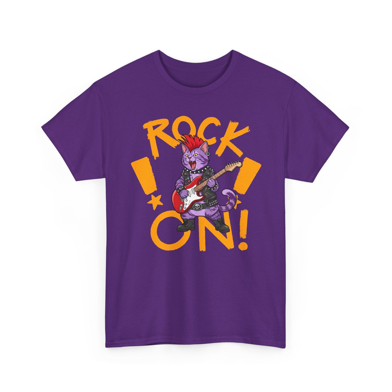 Rock On Punk Rock Cat T-Shirt — Purple Feline Mohawk Electric Guitar Tee