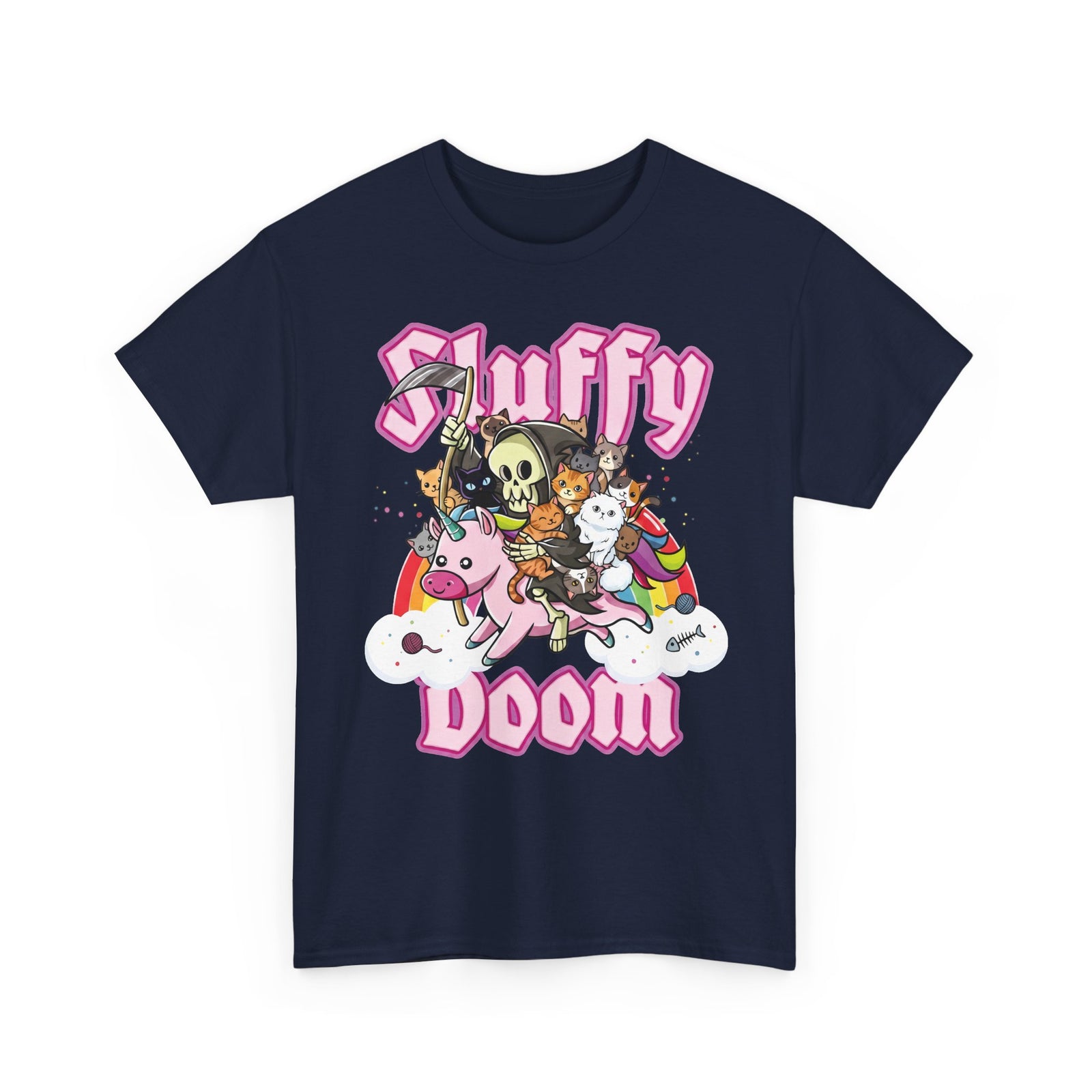 Sluffy Doom Grim Reaper Riding Unicorn T-Shirt — Pastel Goth Cat Tee