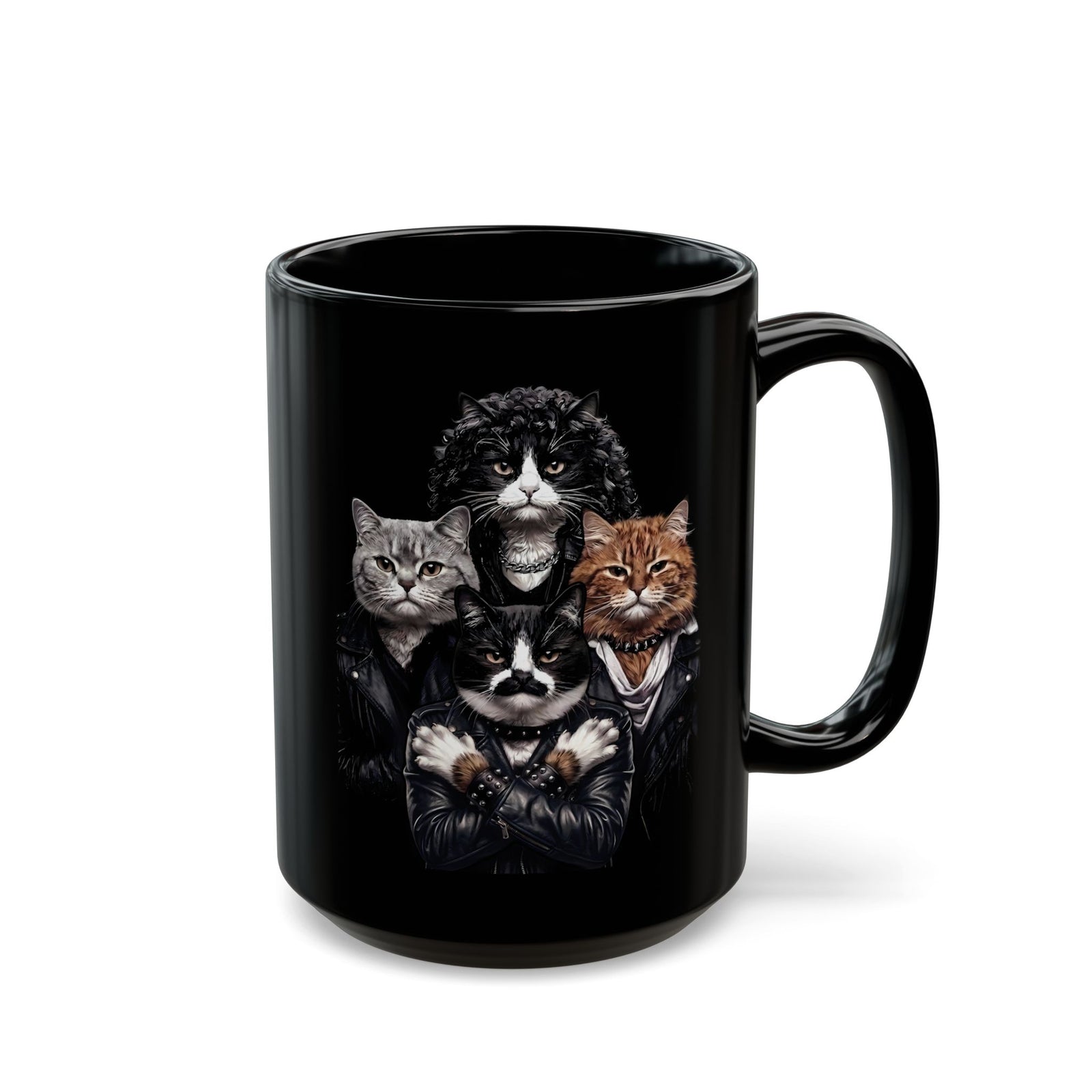 Bohemian Catsody Black Mug — Retro 80s Hard Rock Feline Band Parody