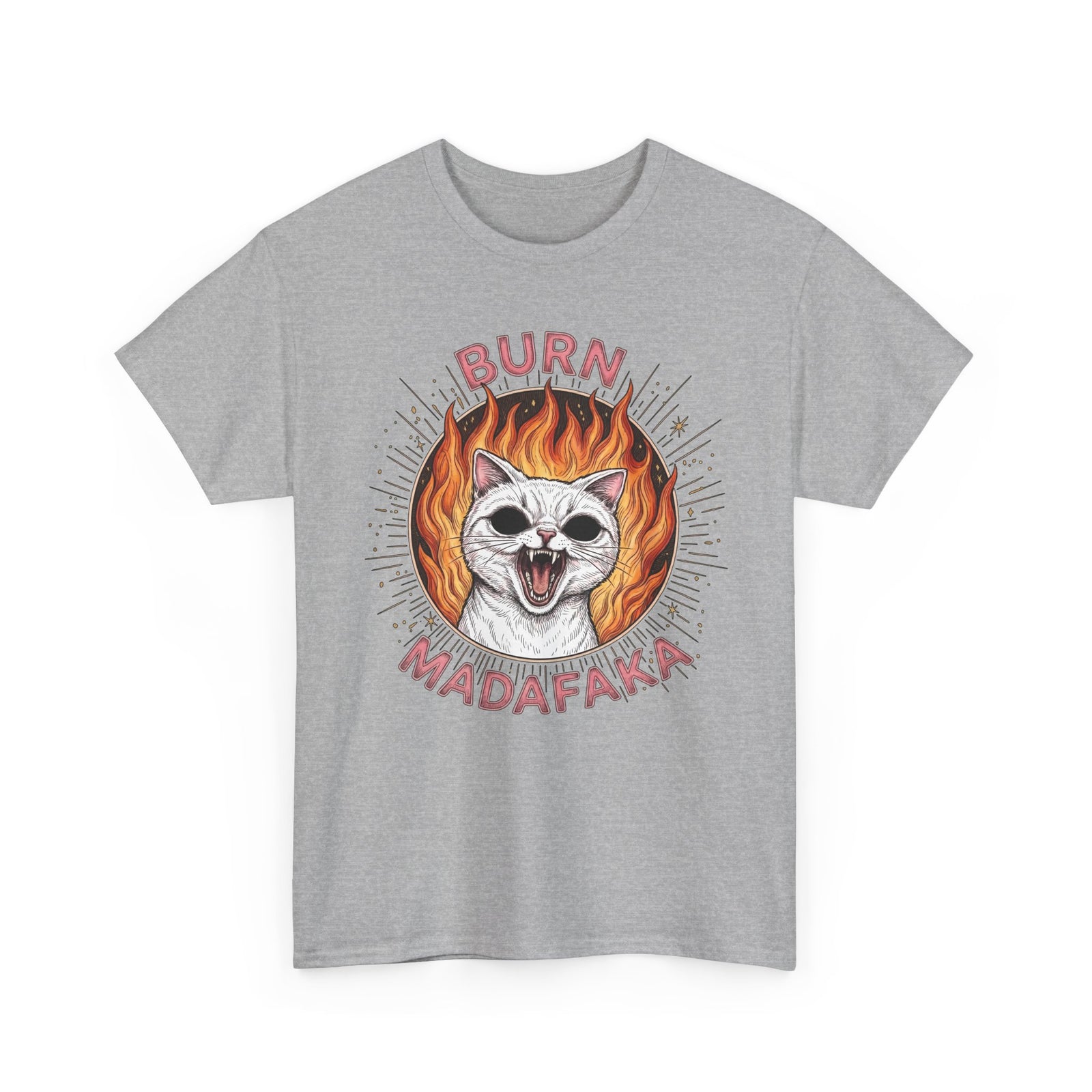Burn Madafaka Cat T-Shirt — Edgy Hellfire Feline Graphic Tee