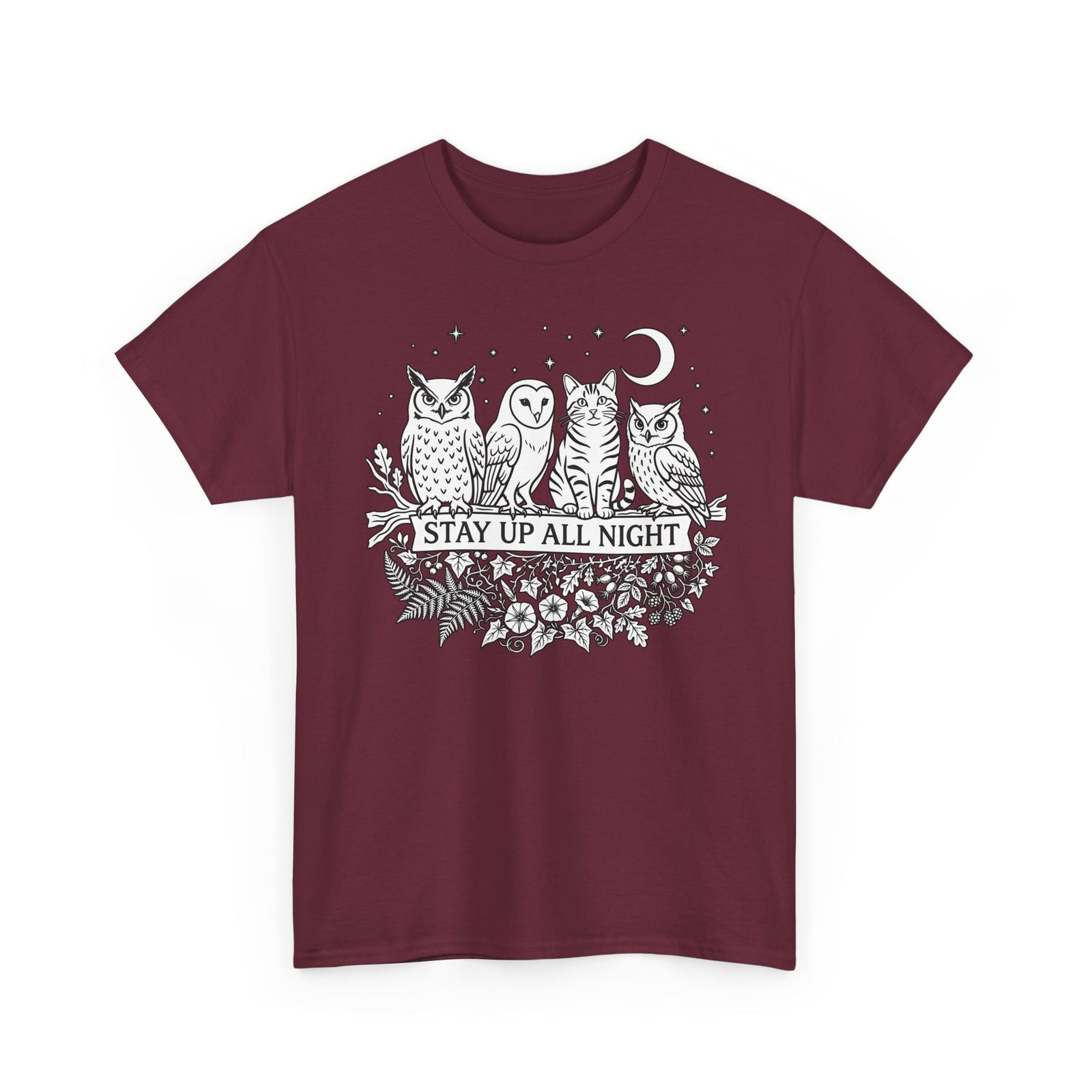 Cat Stays Up All Night T-Shirt — Cute Night Owl Cat Tee
