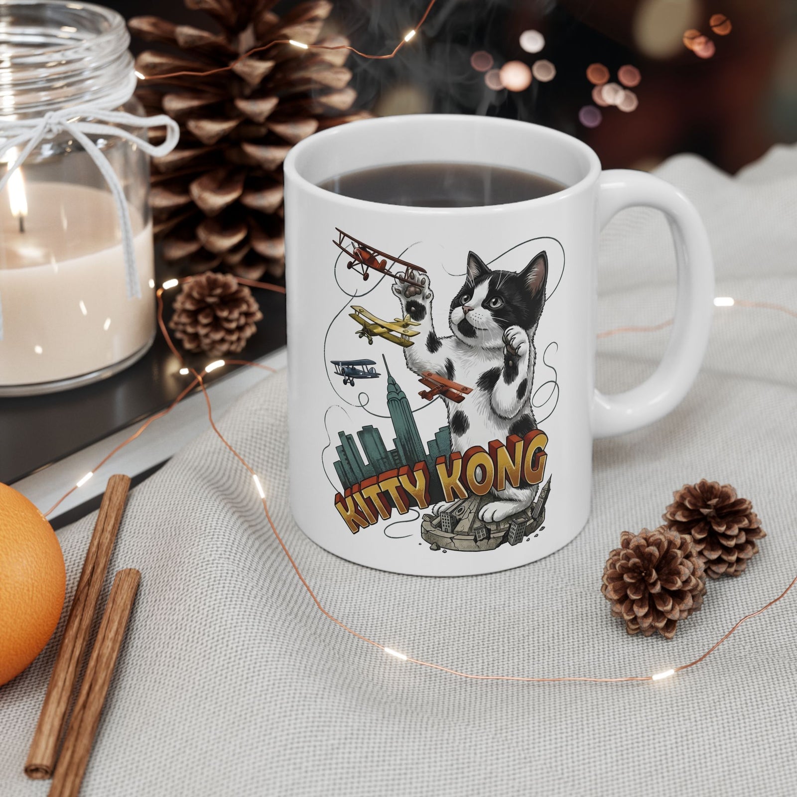 Kittie Kong Parody Cat Ceramic Mug — Funny Vintage-Style Cat Mug