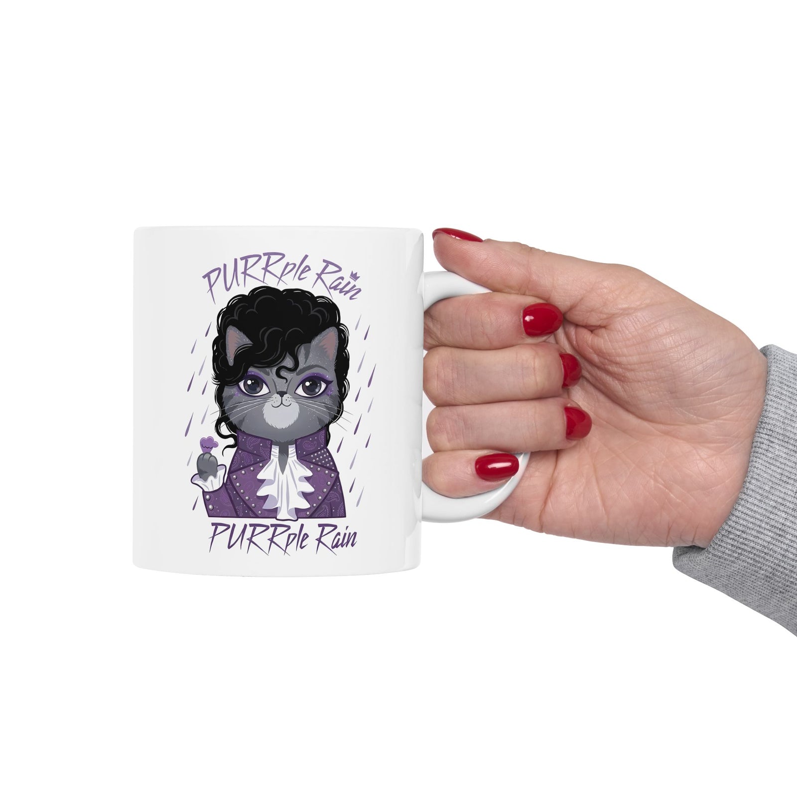 Purrple Rain Cat Parody Ceramic Mug — Cute Cat 'Purrple Rain' Graphic Mug