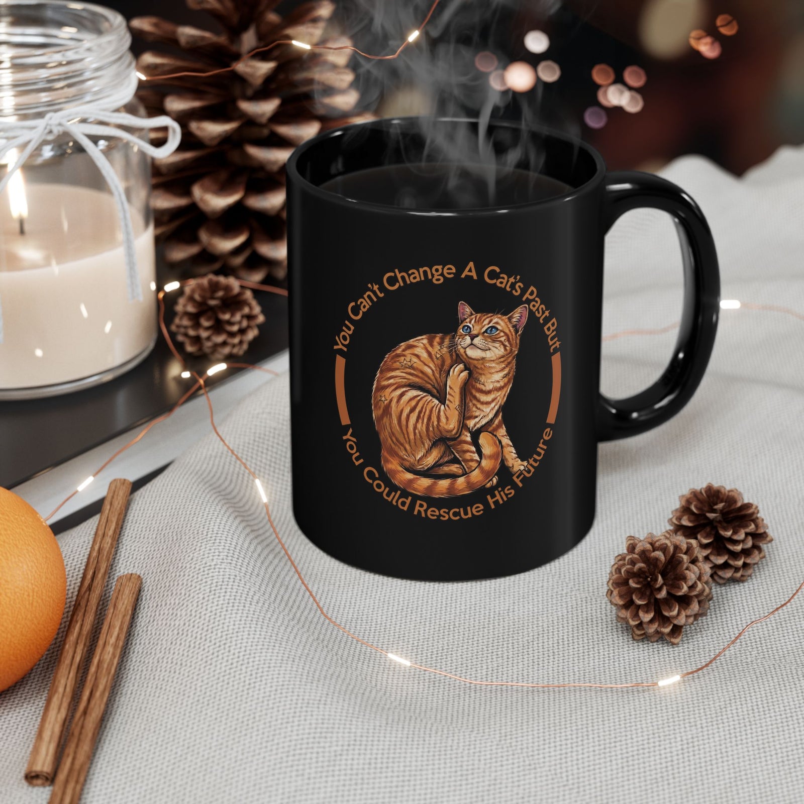 Rescue Cat Black Mug — You Can't Change A Cat's Past Adoption Mug