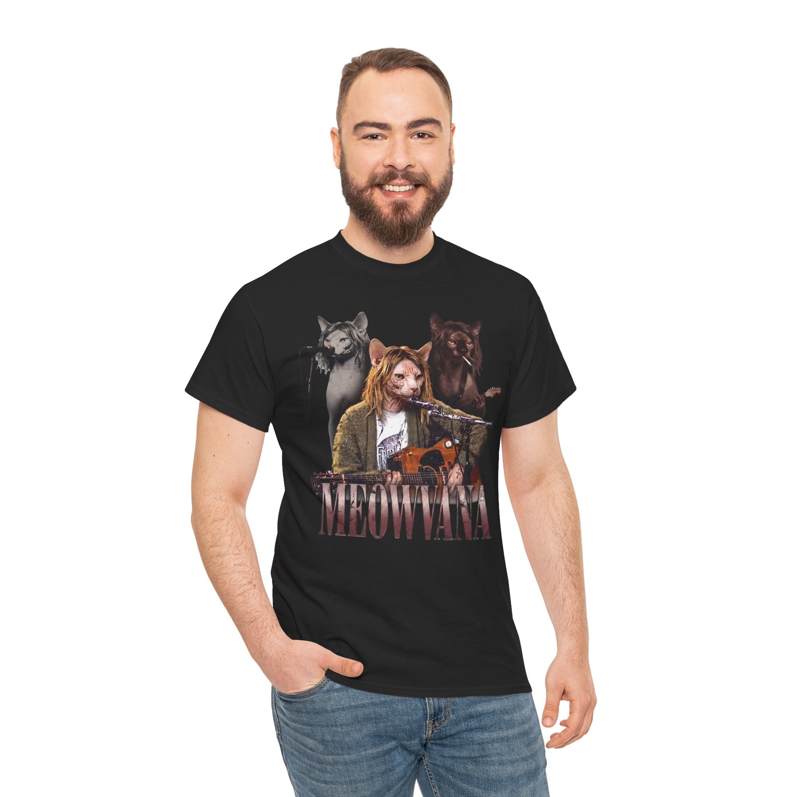 Meowvana Grunge Cat Band T-Shirt — Funny 90s Rock Sphynx Cat Tee