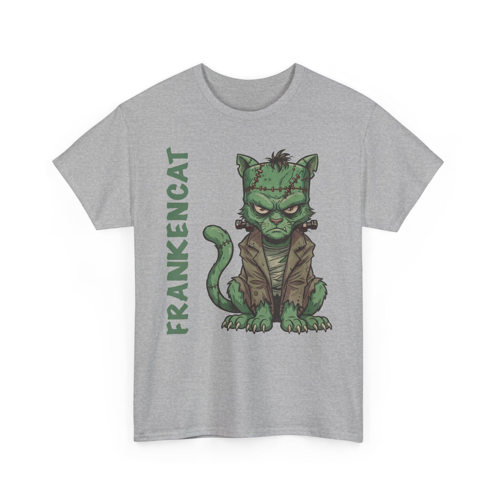 Funny Frankencat Halloween T-Shirt — Green Monster Cat Graphic Apparel