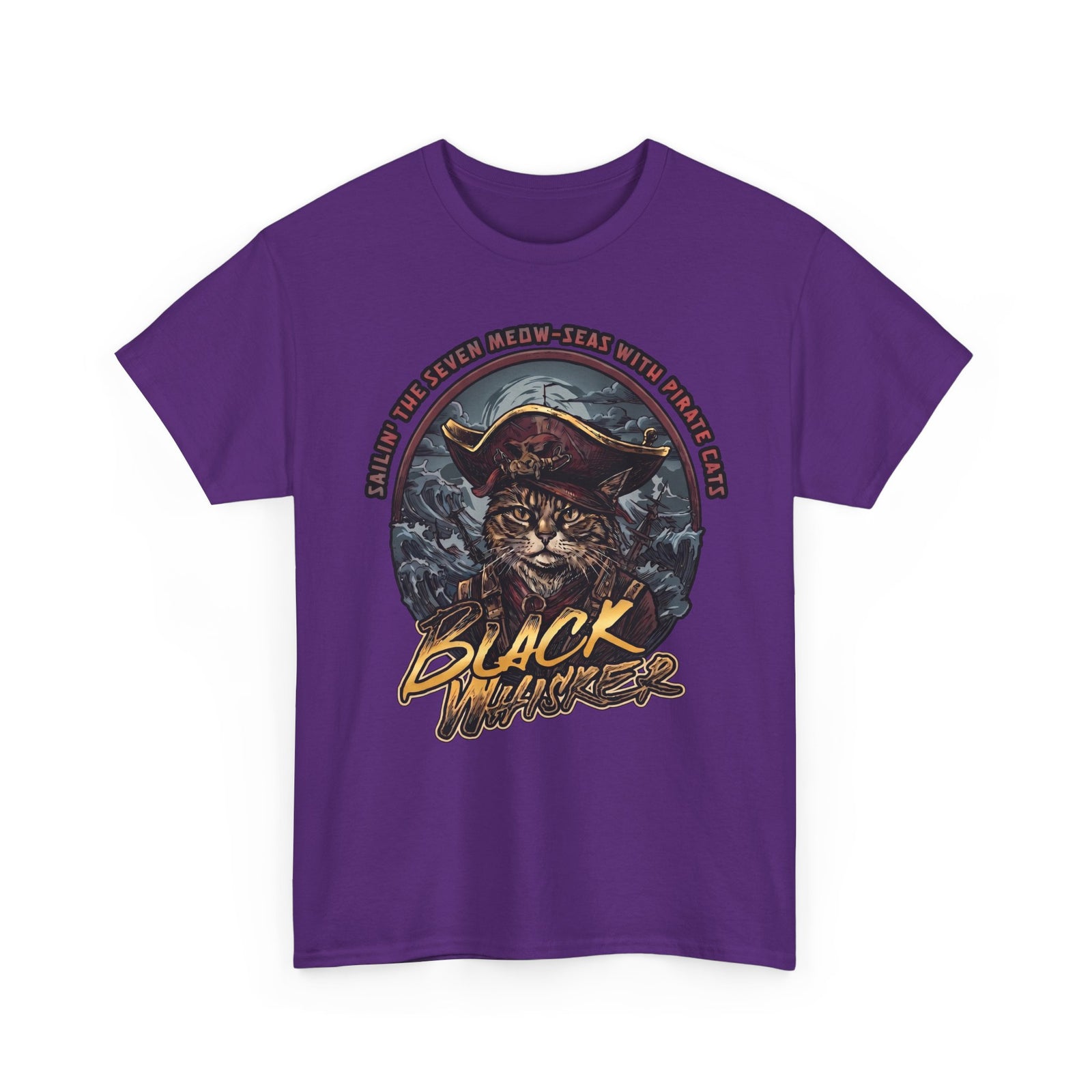 Black Whisker Pirate Cat T-Shirt — Funny Nautical Seven Meow-Seas Tee