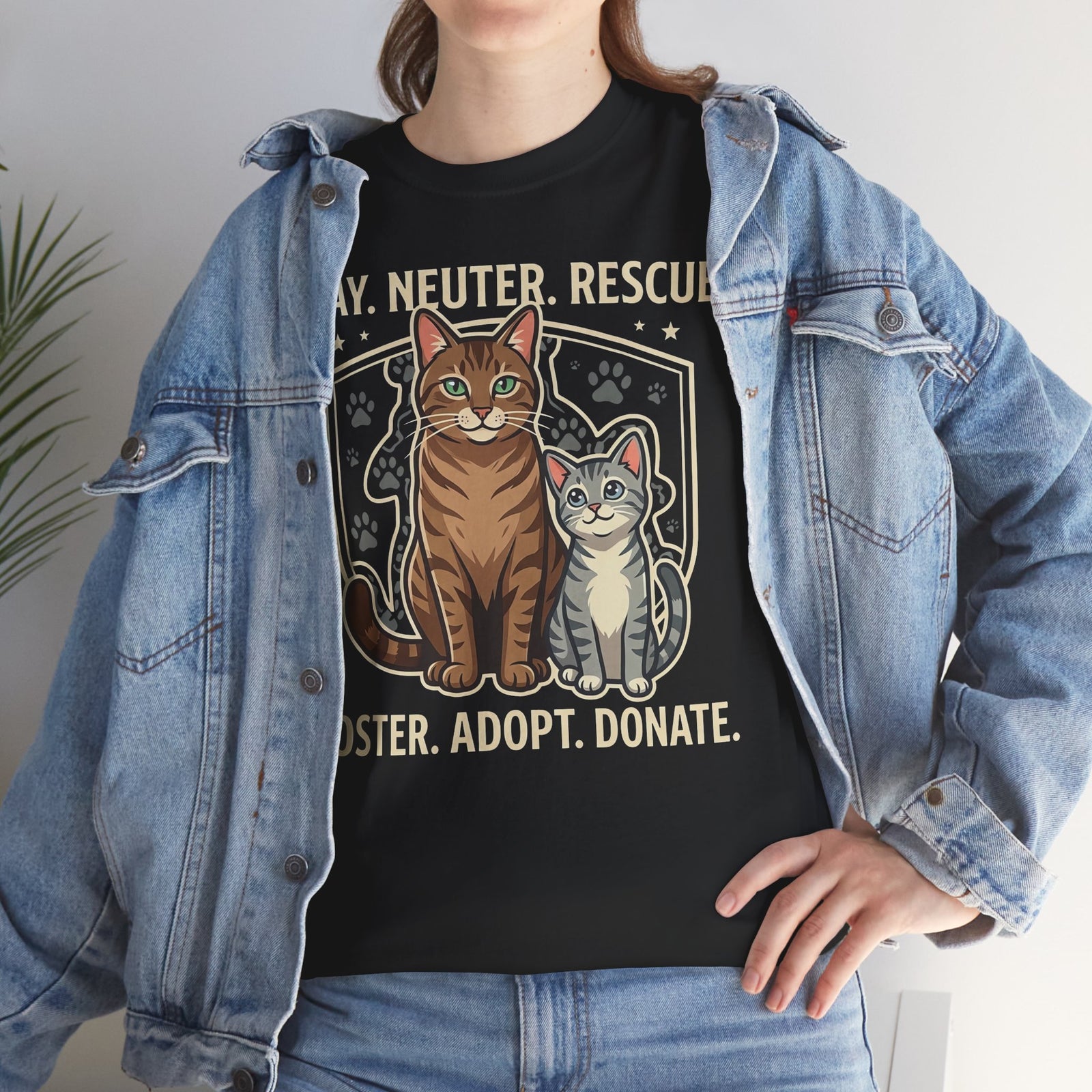 Cat Rescue T-Shirt - "Spay. Neuter. Rescue. Foster. Adopt. Donate." Animal Shelter Support Tee