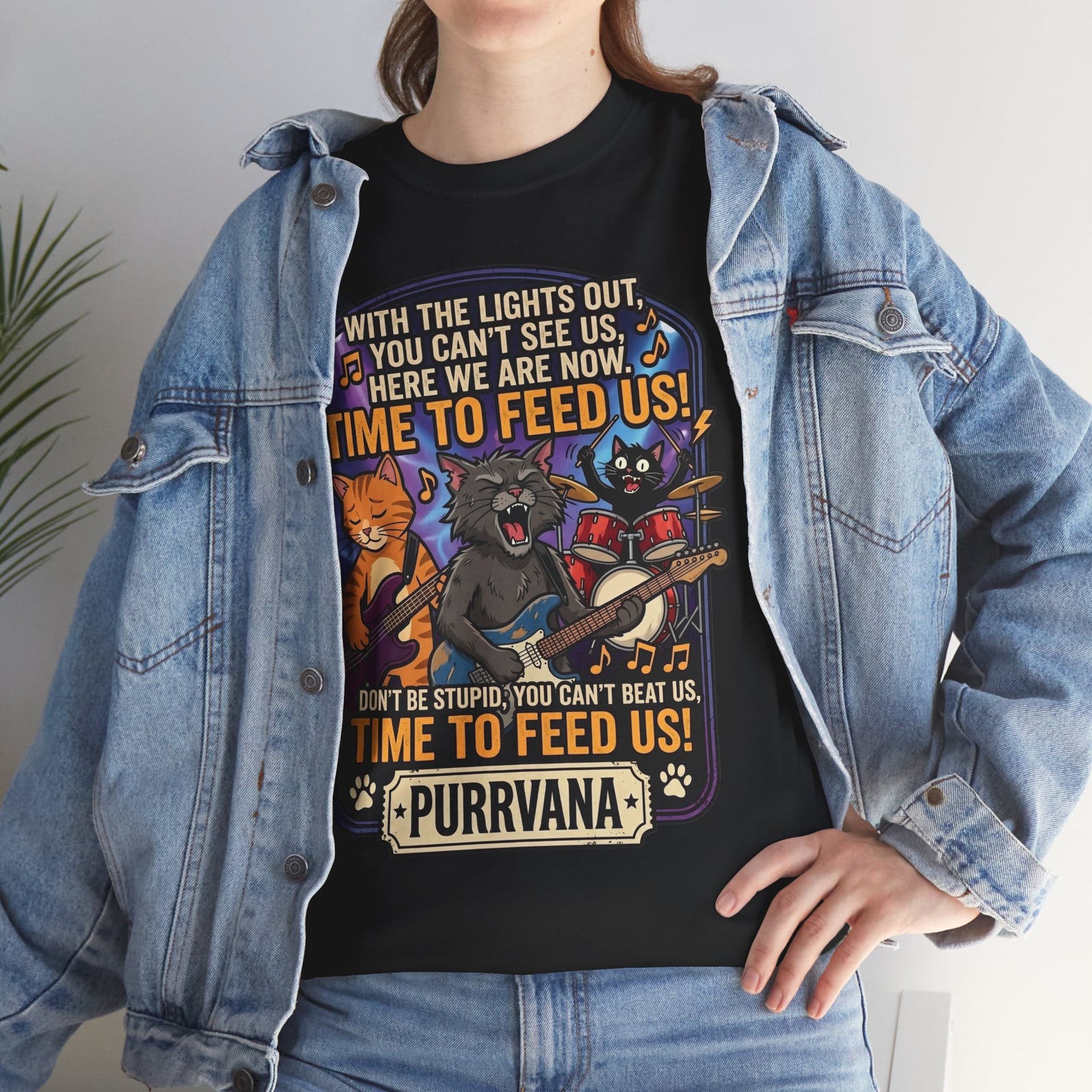 Purrvana Cat Band Graphic Tee — “Time to Feed Us!” Funny Cat Music T-Shirt