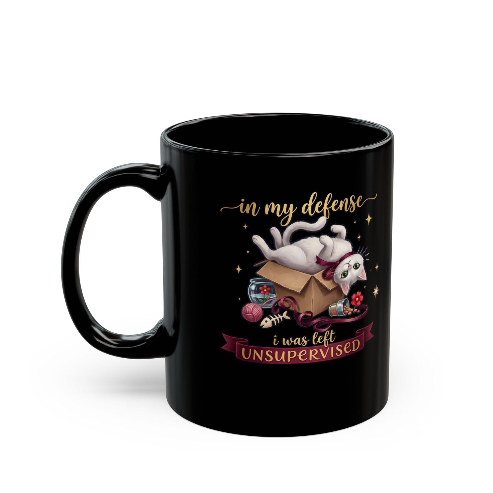 In My Defense I Was Left Unsupervised Black Mug — Funny Cute White Cat Mug