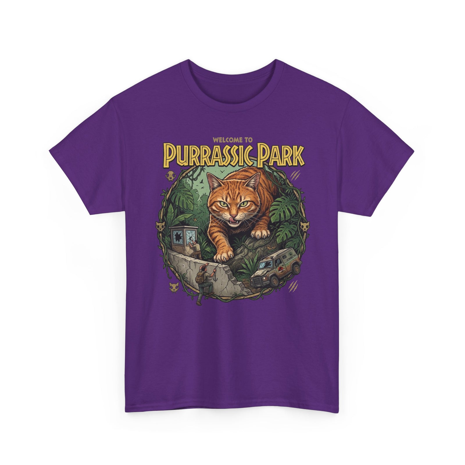 Purrassic Park Cat T‑Shirt — Retro Dino-Parody Graphic Tee