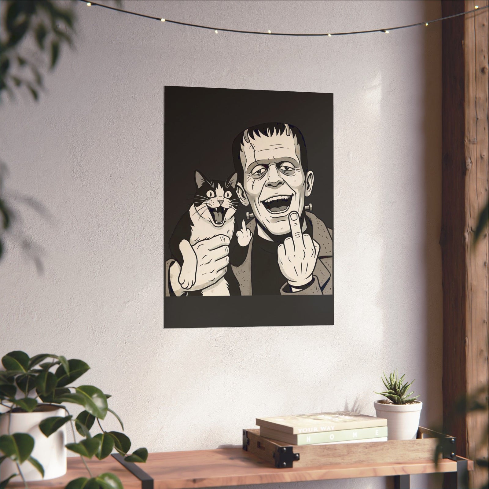 Frankenstein Cat T‑Poster — Cute Spooky Cat & Frankenstein Design