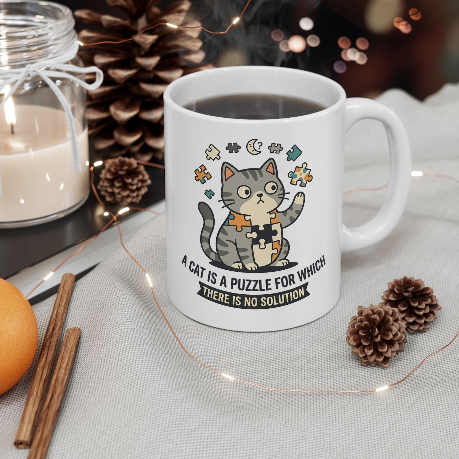 Cat Puzzle Ceramic Mug — "A Cat Is a Puzzle for Which There Is No Solution"