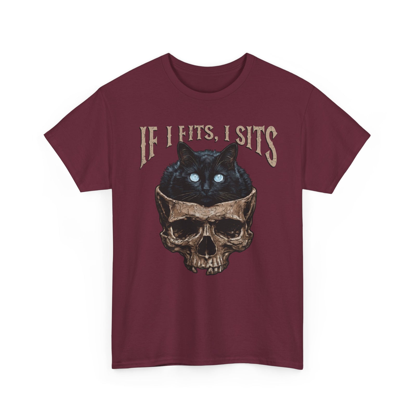 If I Fits I Sits Cat T-Shirt — Funny Gothic Black Cat Skull Graphic