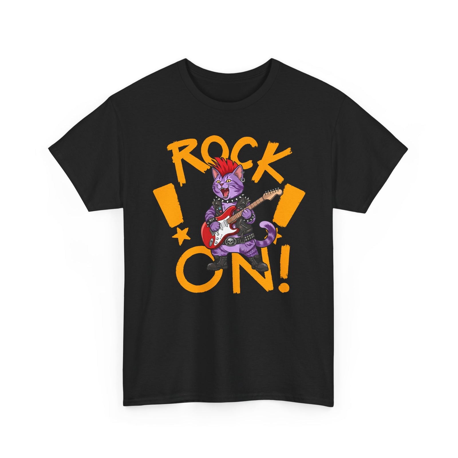 Rock On Punk Rock Cat T-Shirt — Purple Feline Mohawk Electric Guitar Tee