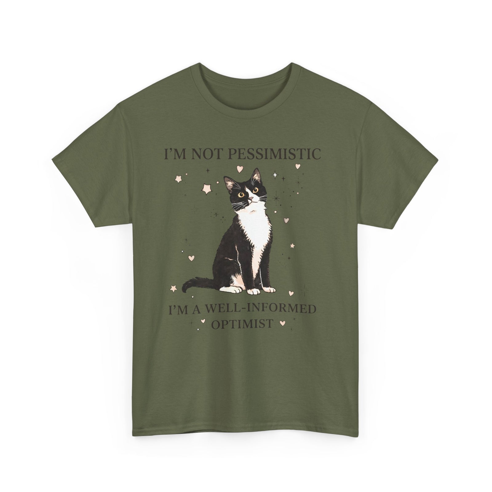 Well-Informed Optimist Tuxedo Cat T-Shirt — Funny Sarcastic Feline Graphic Tee