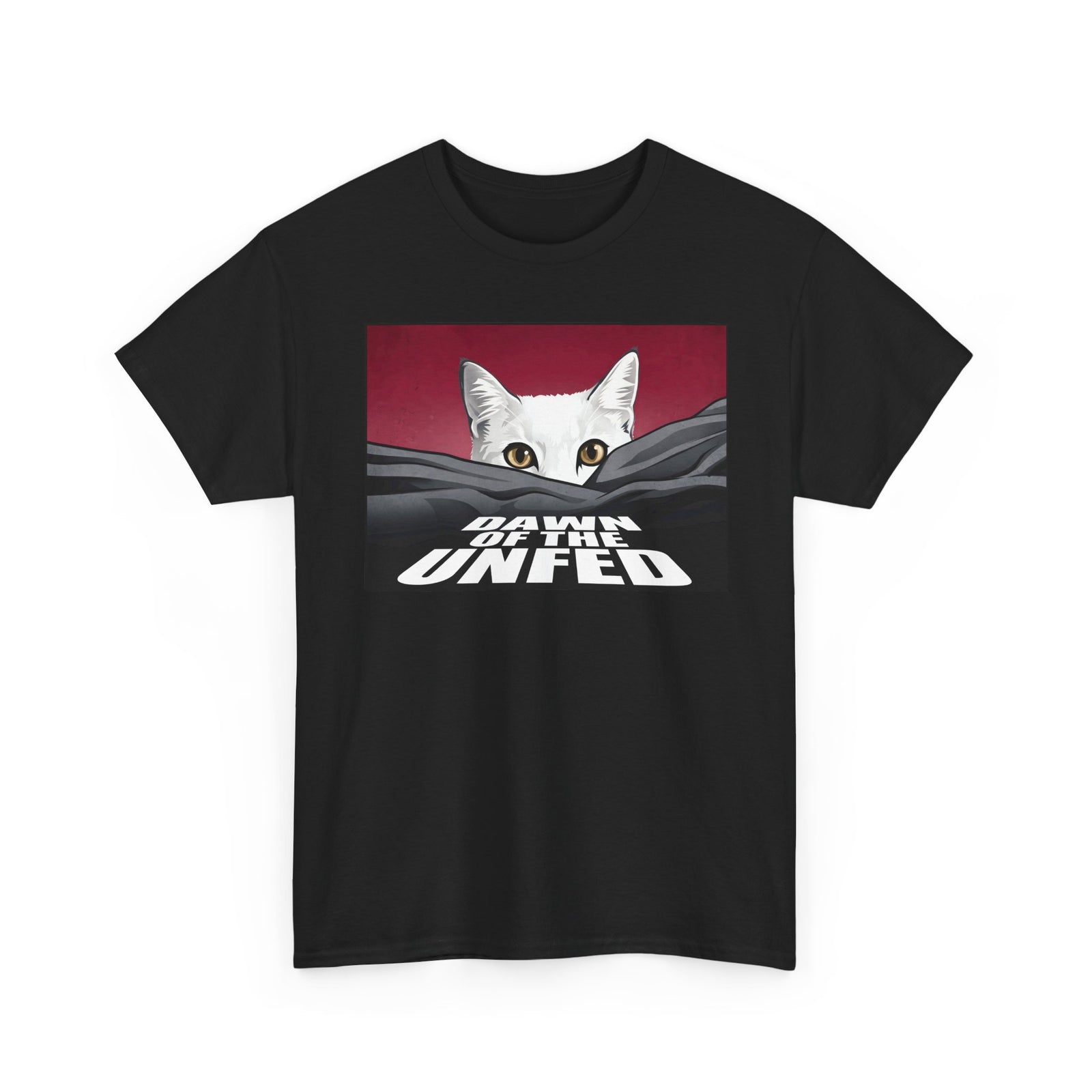 Dawn of the Unfed T-Shirt — Funny White Cat Horror Movie Parody Tee
