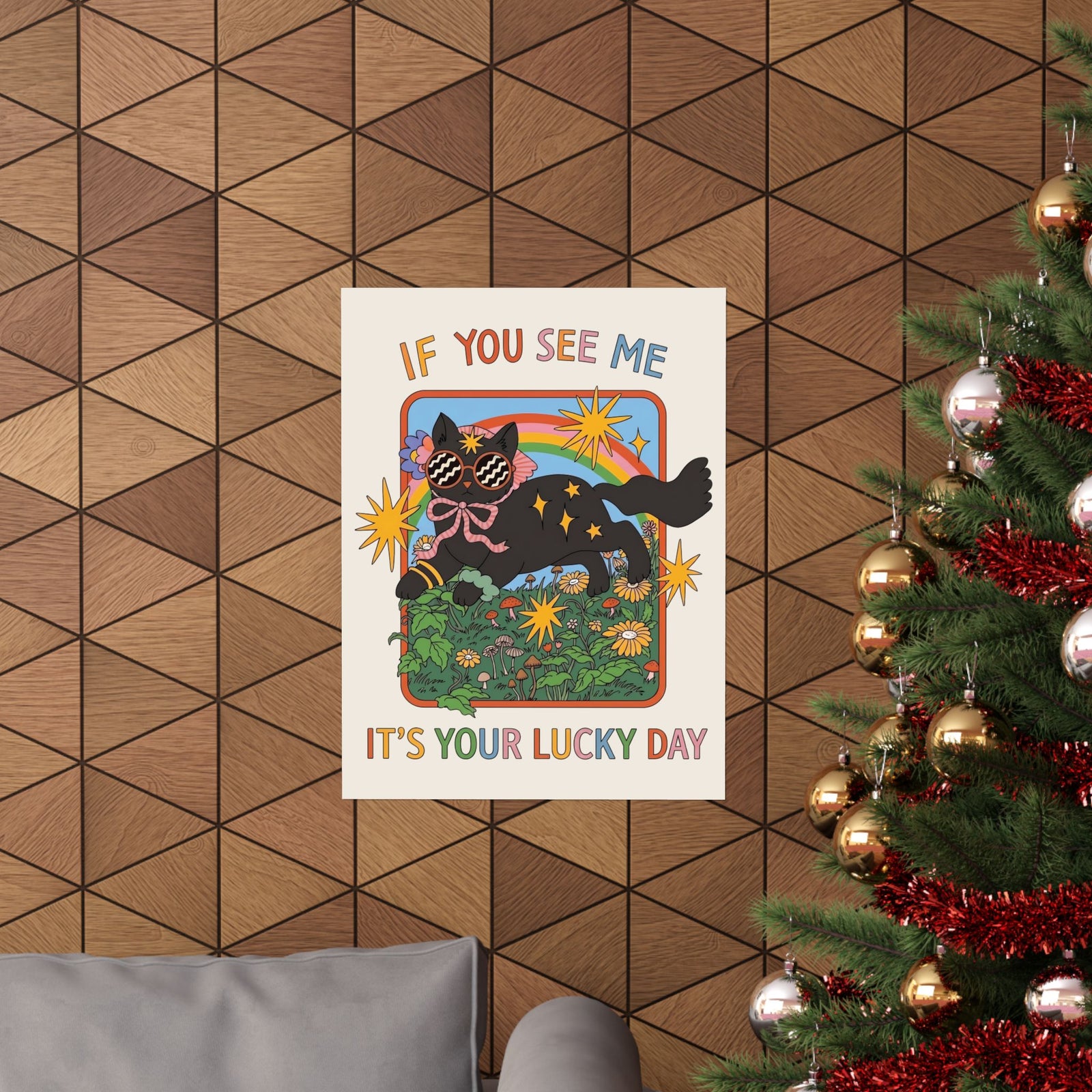 If You See Me It's Your Lucky Day Poster — Retro Groovy Black Cat Rainbow Graphic Poster