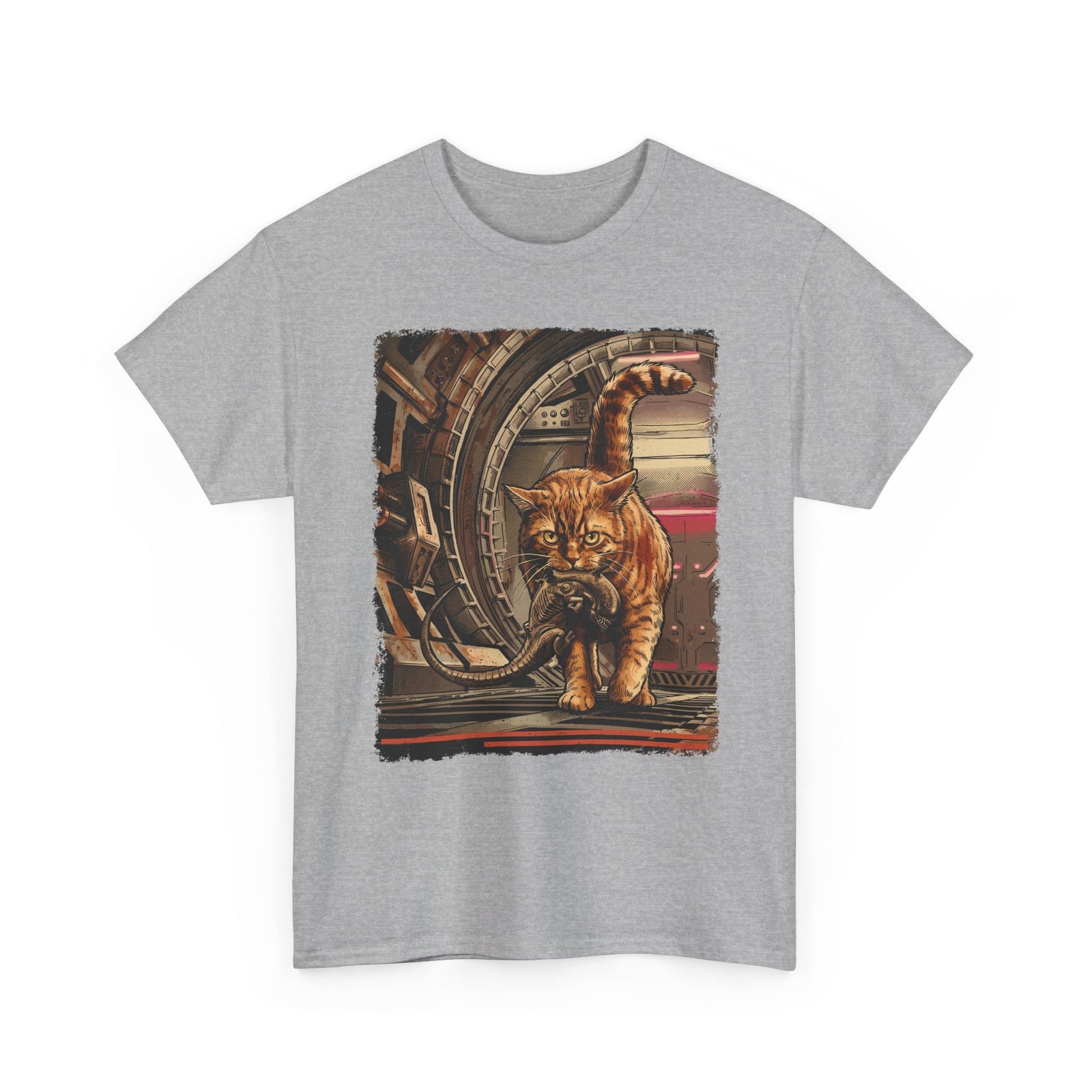 Sci-Fi Pest Control Cat T-Shirt — Alien Hunter Orange Tabby Graphic