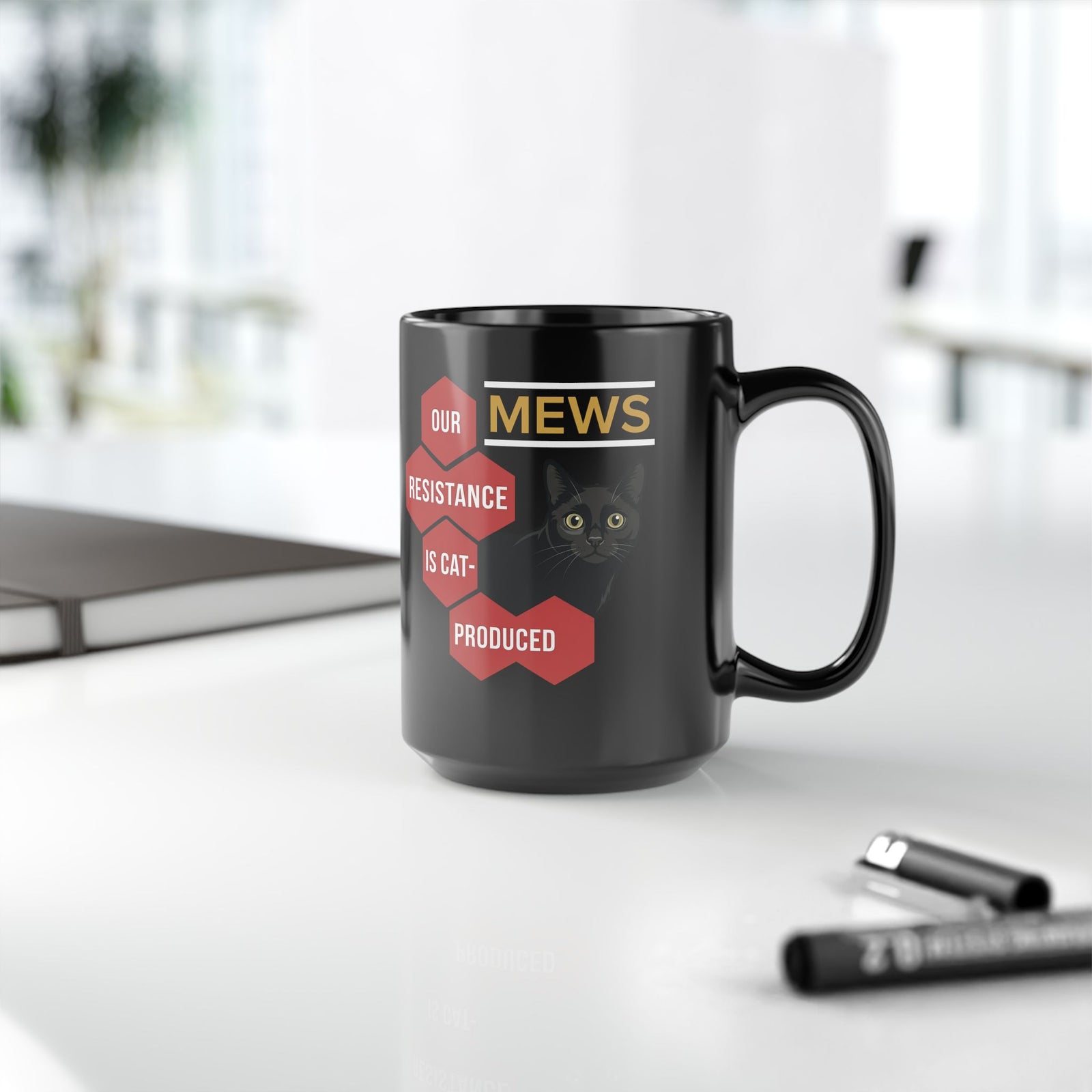 Mews Resistance Is Cat-Produced Mug — Funny Cat Protest Graphic Black Mug