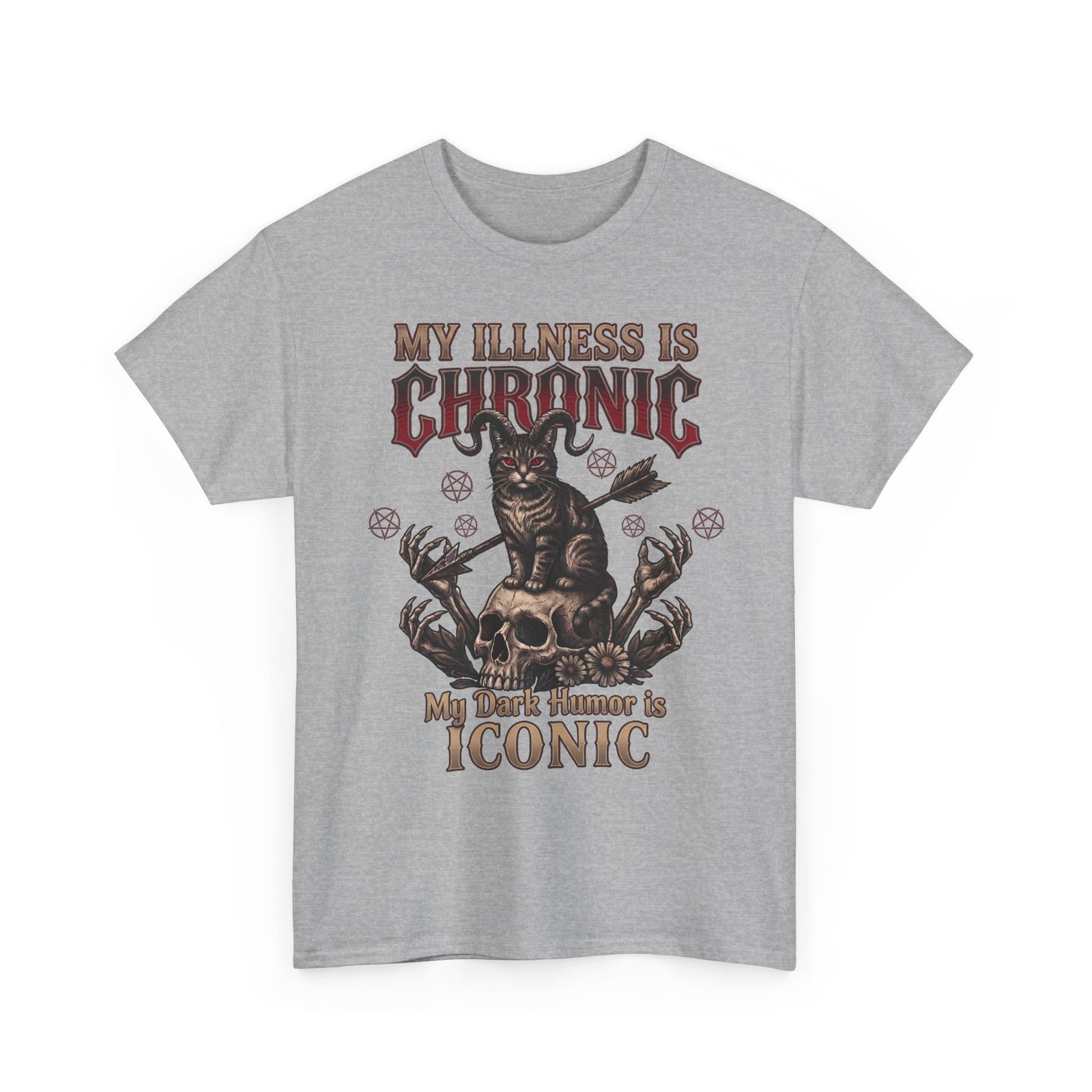 My Illness Is Chronic My Dark Humor Is Iconic T-Shirt — Gothic Horned Cat Tee