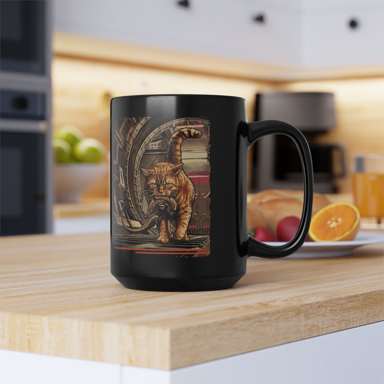 Alien Pest Control Cat Black Mug — Retro Sci-Fi Space Drinkware
