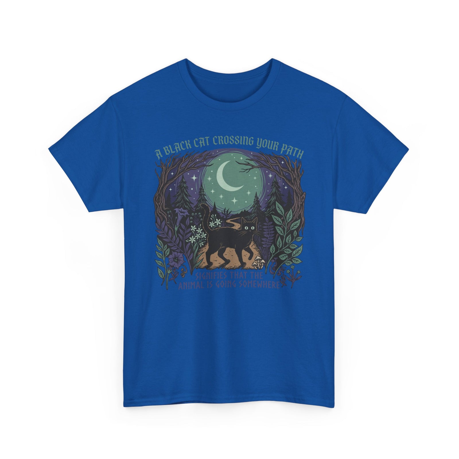 Black Cat Crossing Your Path Tee — Whimsical Moonlit Forest Cat Shirt