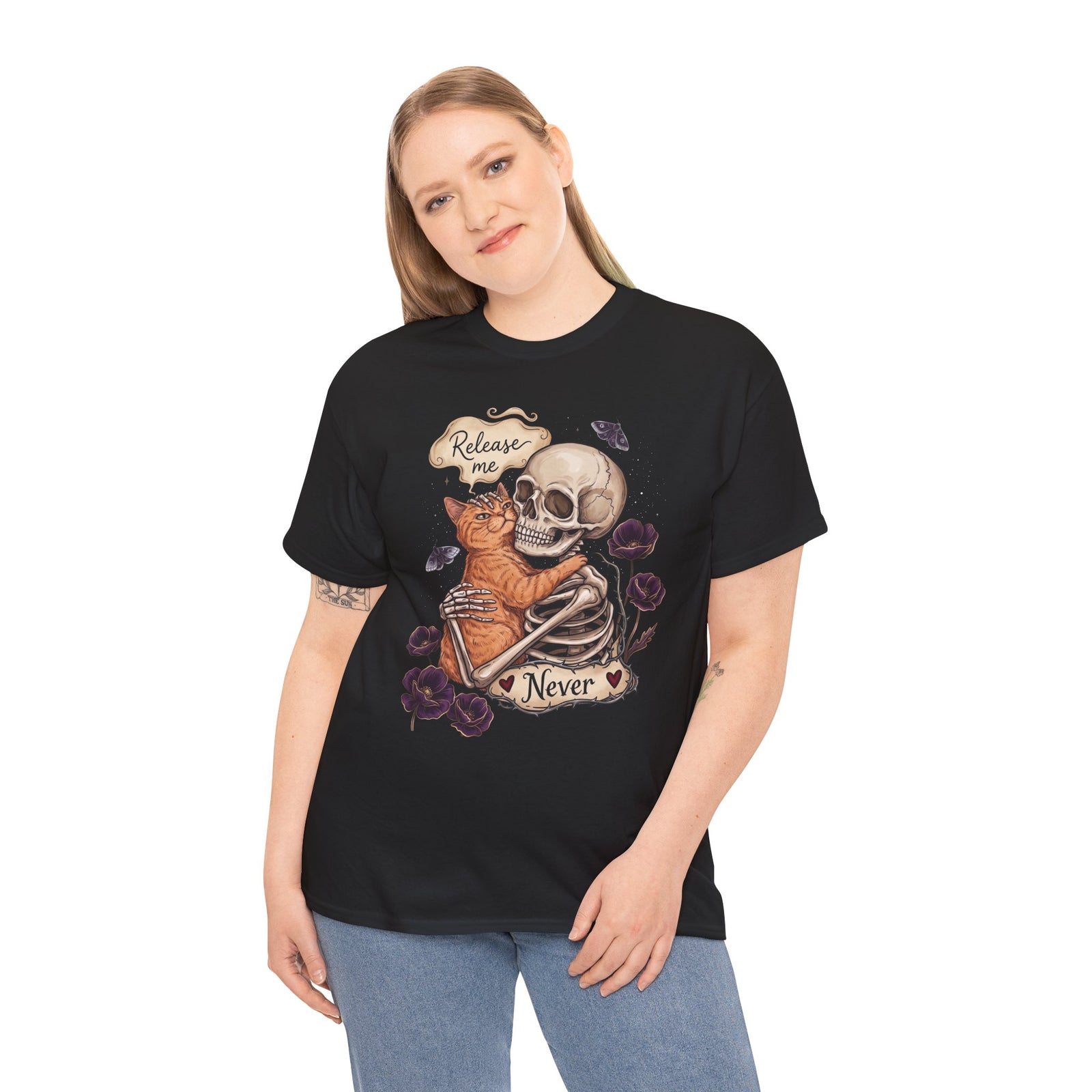 Funny Clingy Skeleton & Cat T-Shirt — Dark Aesthetic Cat Tee