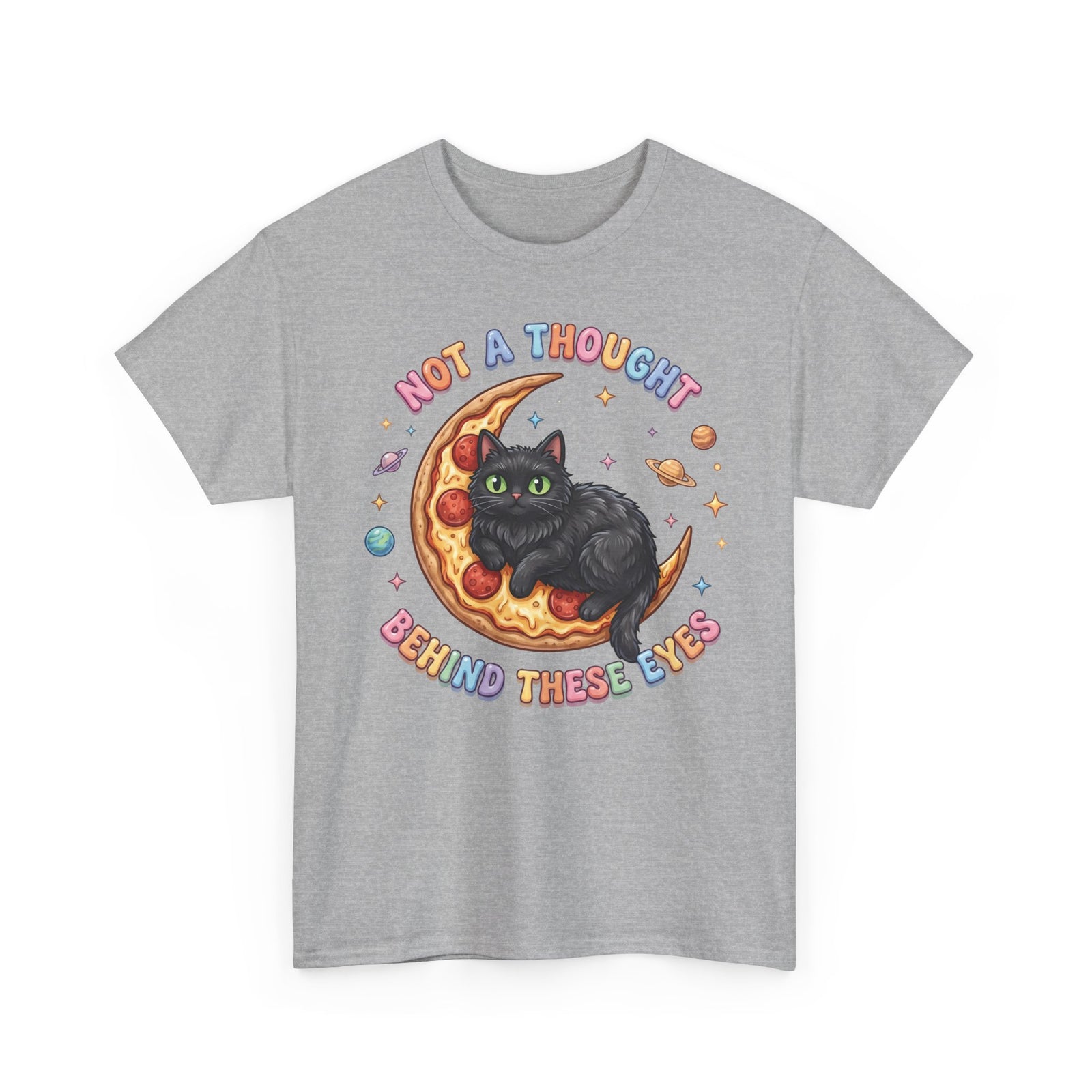 Not A Thought Behind These Eyes T-Shirt — Funny Black Cat Pizza Moon Tee