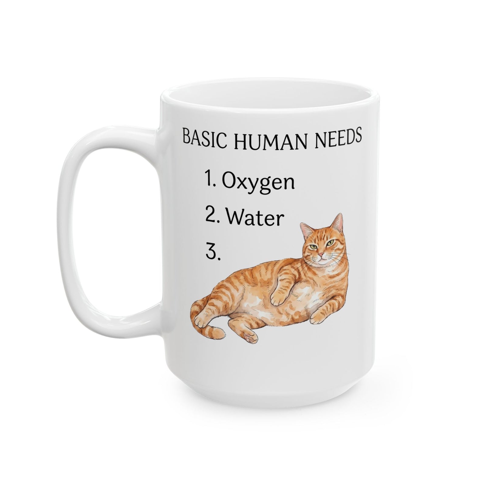 Basic Human Needs Orange Cat Ceramic Mug — Funny Sarcastic Tabby Mug