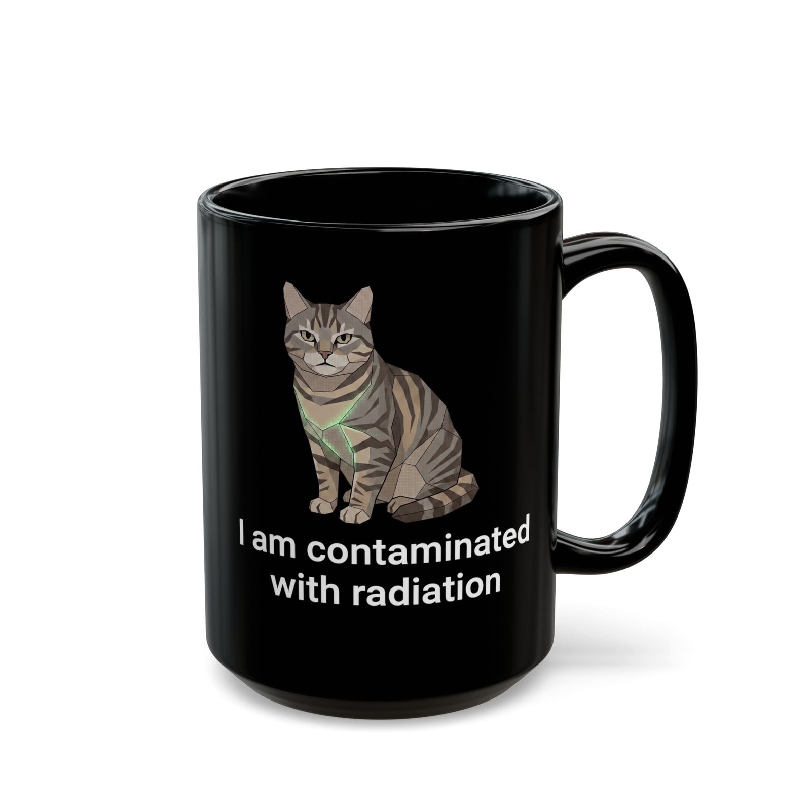 Funny Cat Black Mug "I Am Contaminated with Radiation" Humorous Retro Radioactive Mug