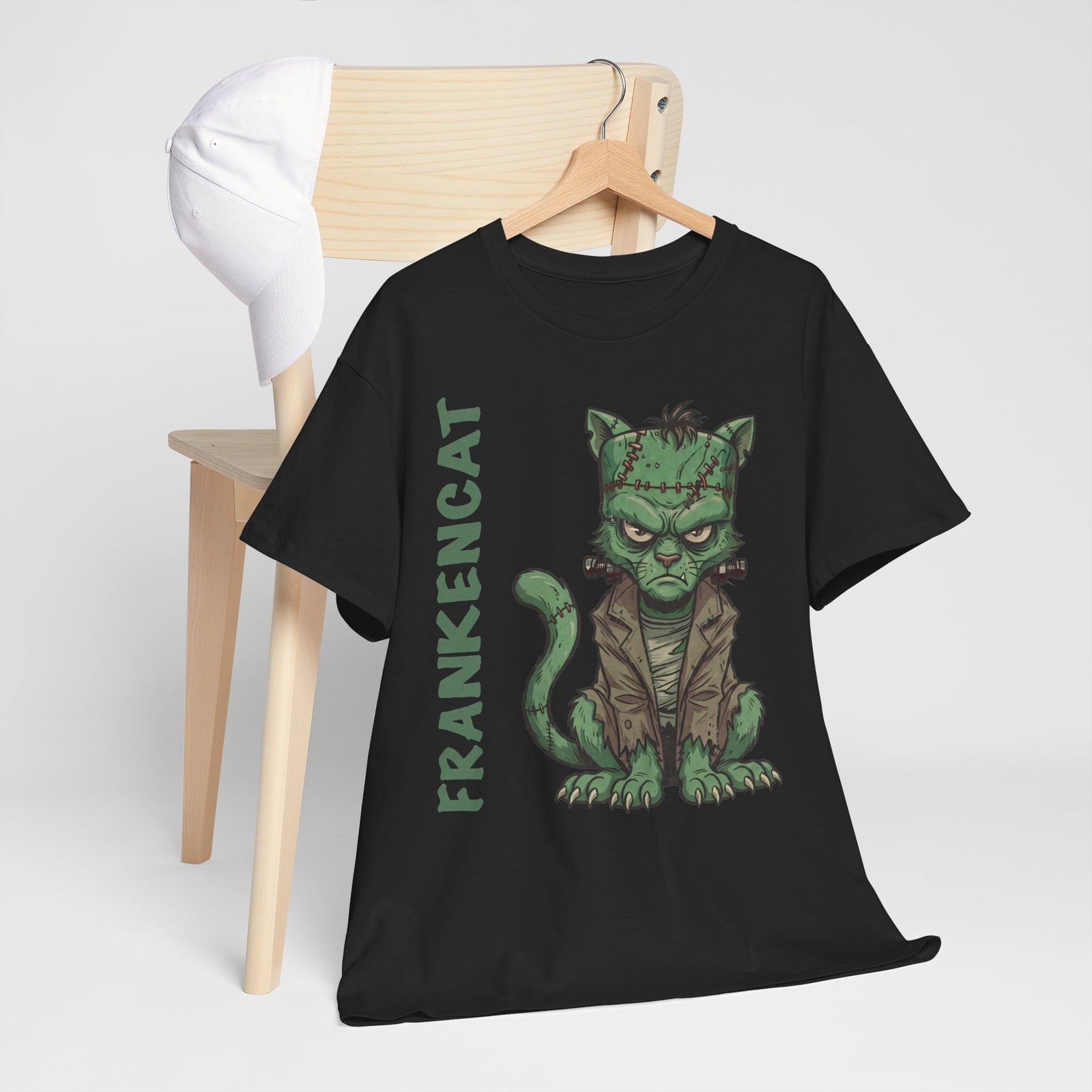 Funny Frankencat Halloween T-Shirt — Green Monster Cat Graphic Apparel