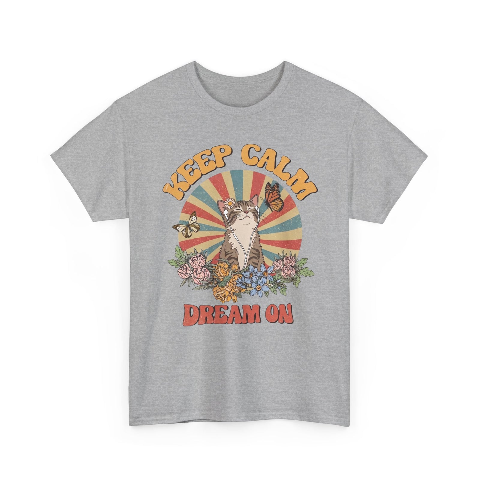 Keep Calm Dream On Cat T-Shirt — Retro 70s Hippie Feline Graphic