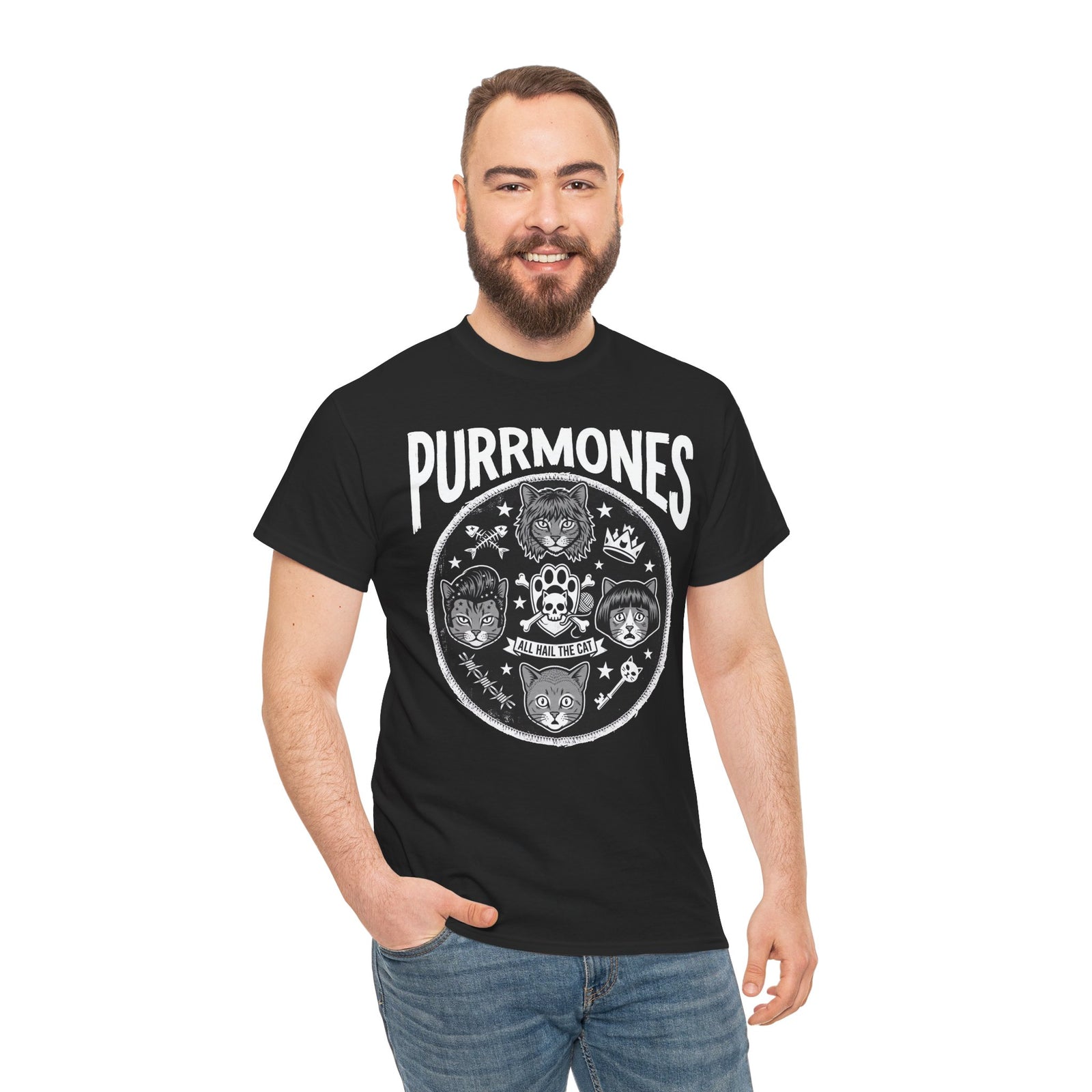 Purrmones Band Tee — Vintage Rock Cat Skull Graphic T-Shirt