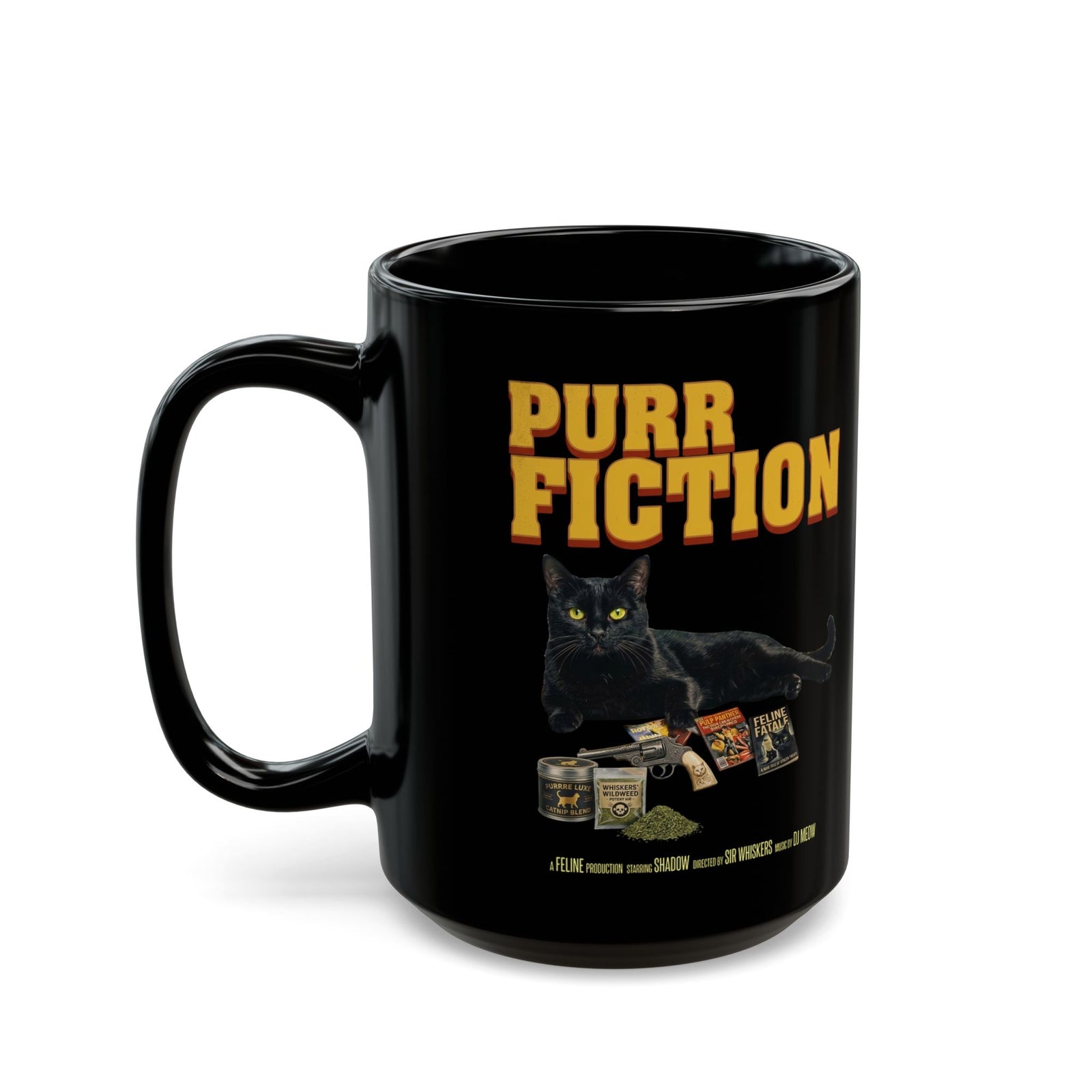 Purr Fiction Cat Parody Black Mug