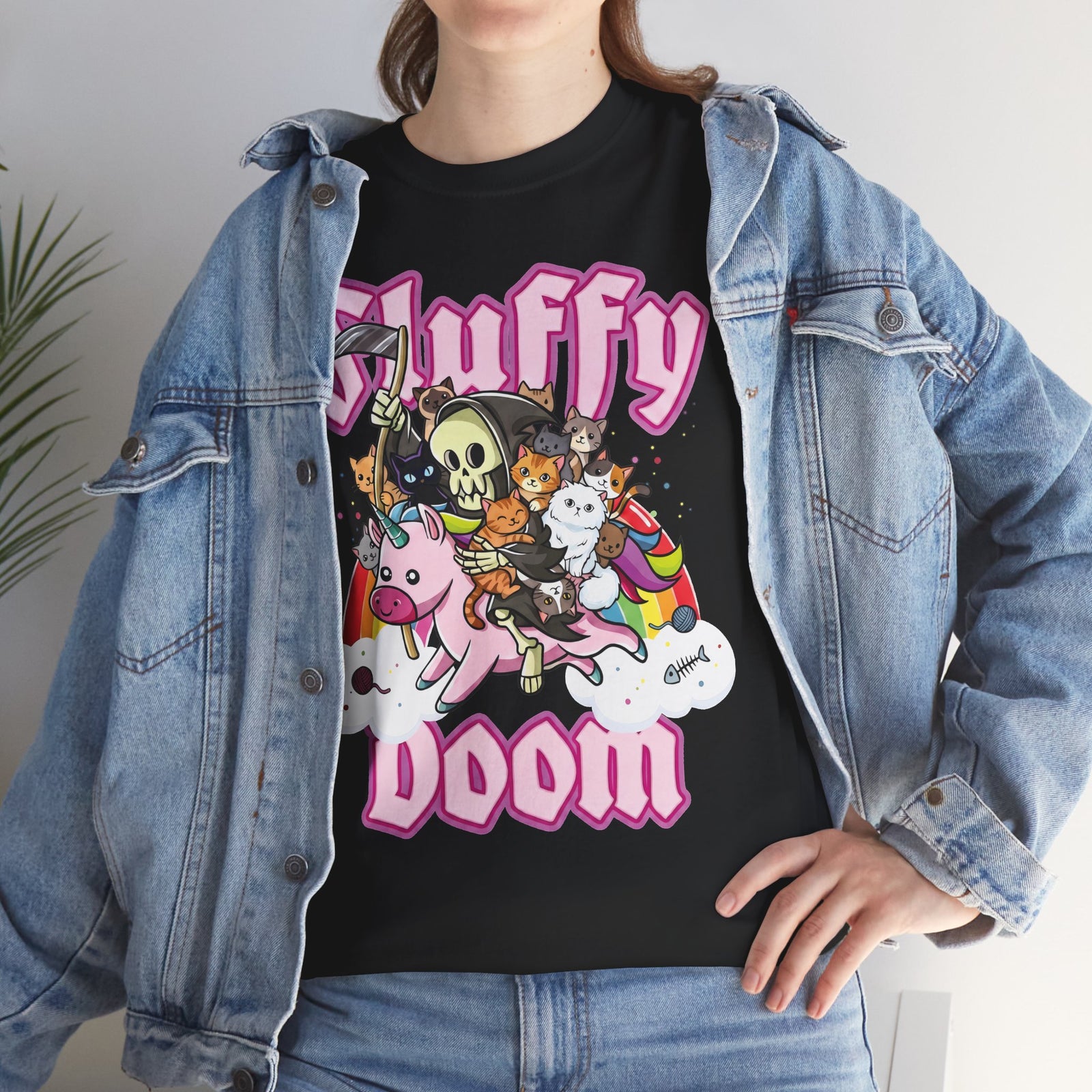 Sluffy Doom Grim Reaper Riding Unicorn T-Shirt — Pastel Goth Cat Tee