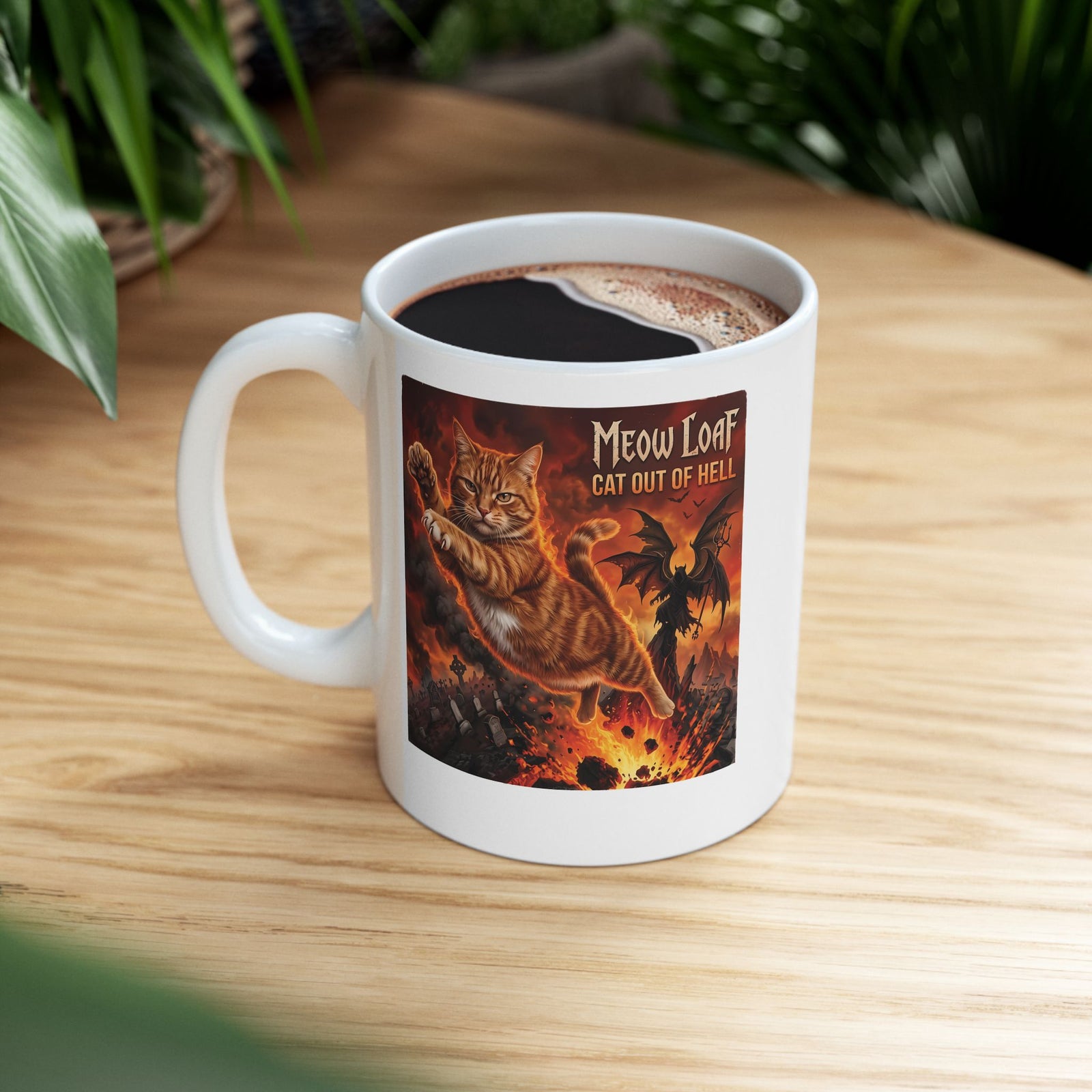 Meow Loaf Cat Out of Hell Ceramic Mug — Funny Gothic Cat Mug