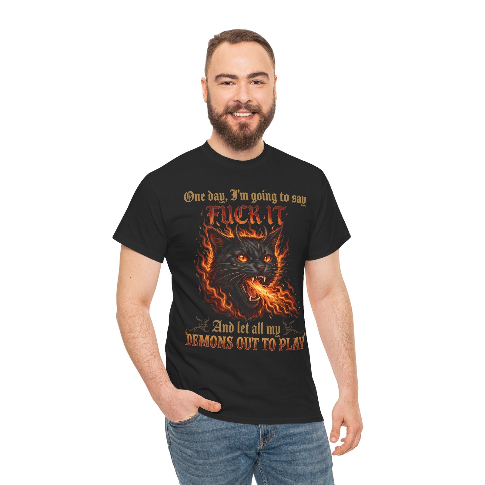 One Day I'm Going To Say Fuck It Demon Cat T-Shirt — Fiery Fire Breathing Black Cat Tee