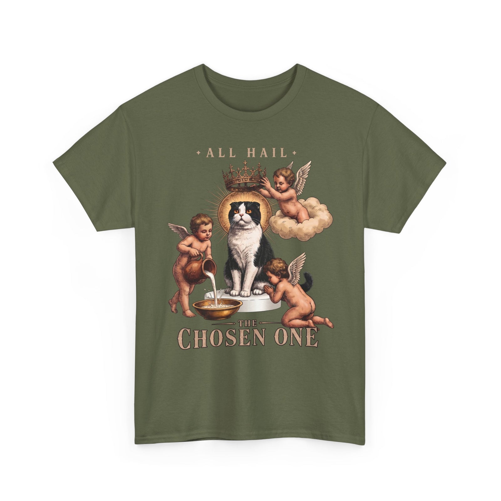 All Hail The Chosen One T-Shirt — Funny Tuxedo Cat Cherub Art Tee
