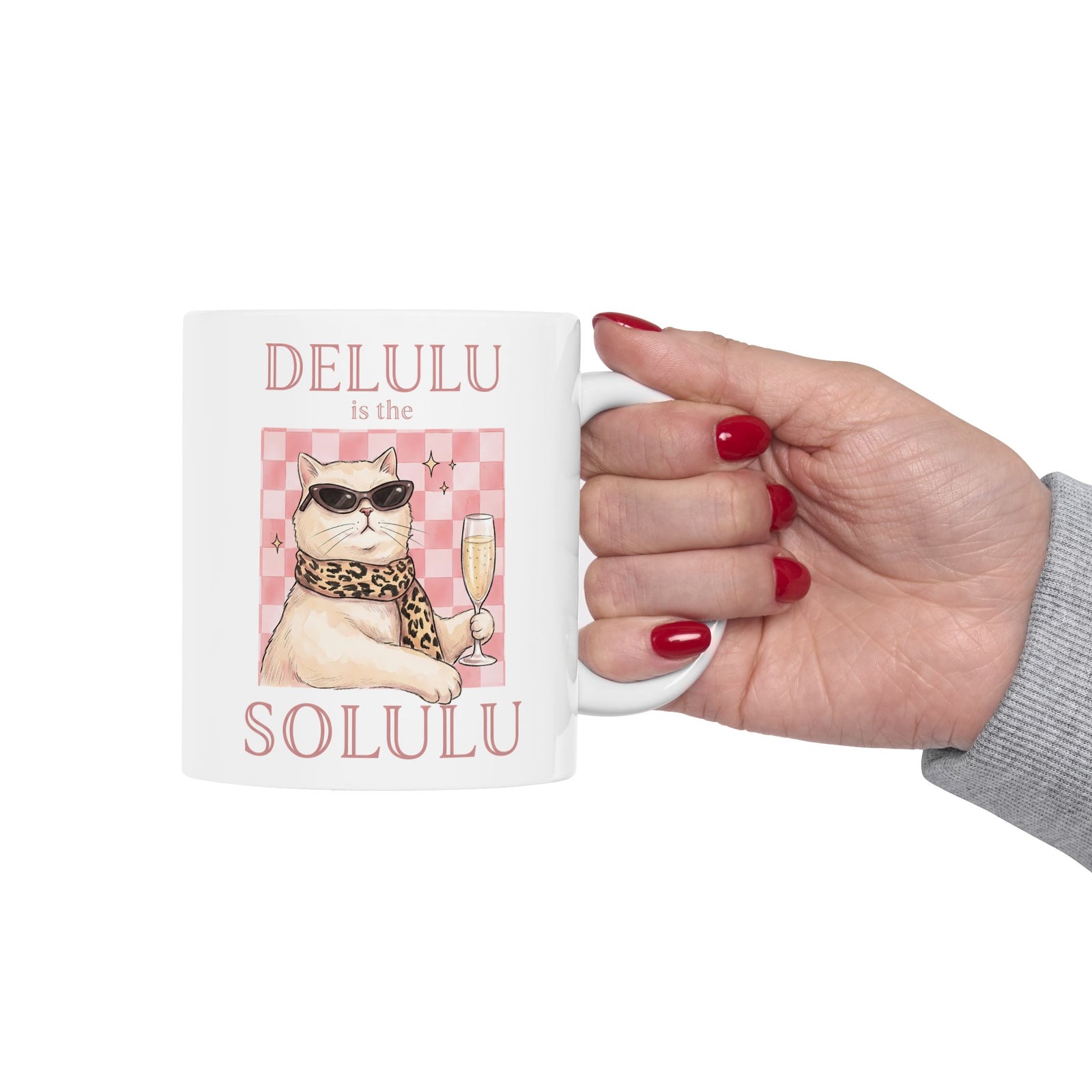 Delulu Is The Solulu Ceramic Mug — Funny Sassy Cat Champagne Graphic Mug