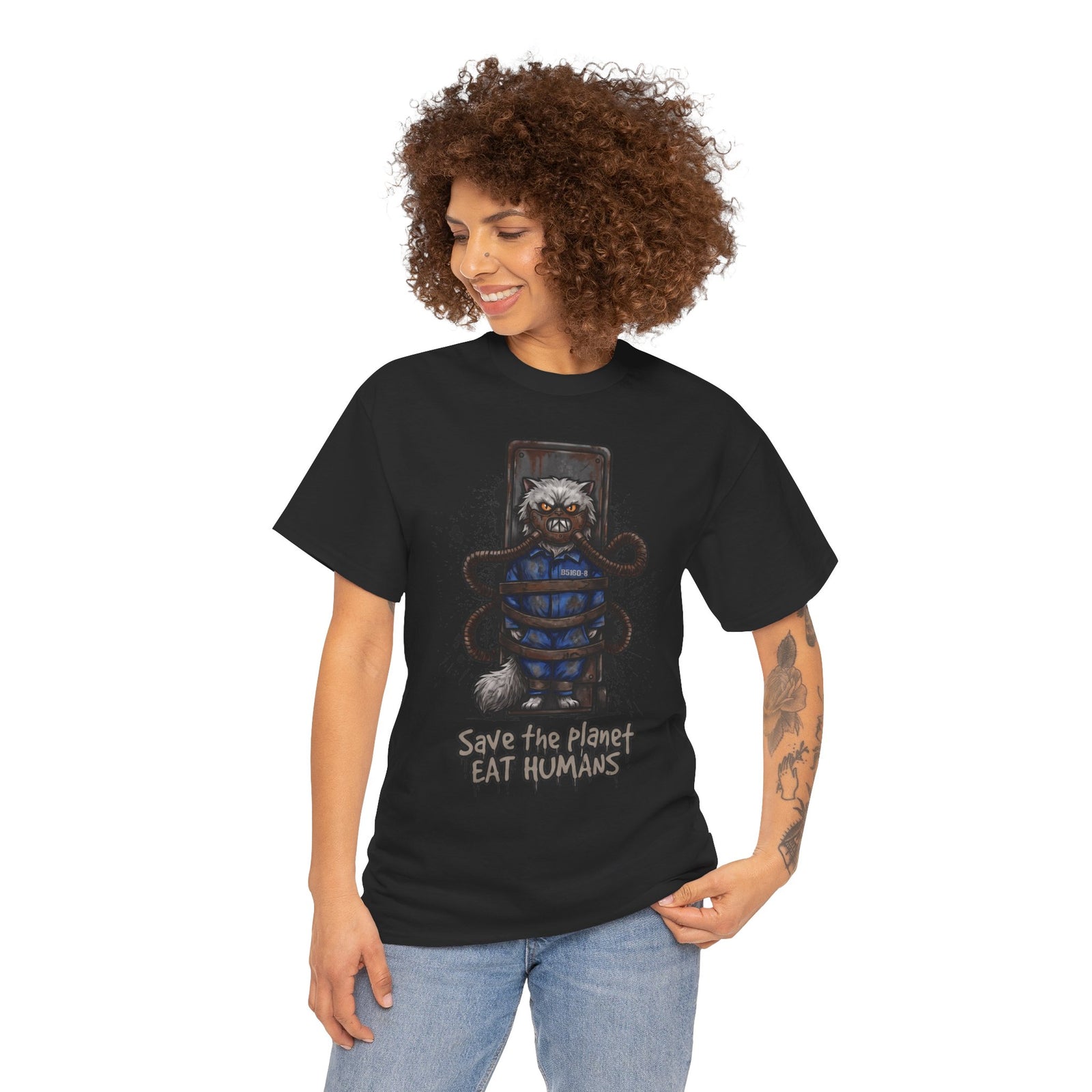 Save The Planet Eat Humans Cat T-Shirt — Horror Movie Parody Tee