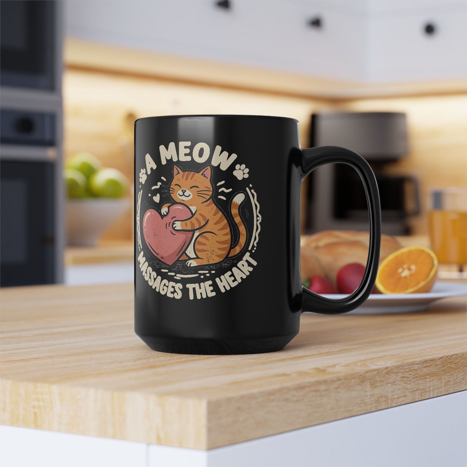 'A Meow Massages The Heart' Cat Black Mug
