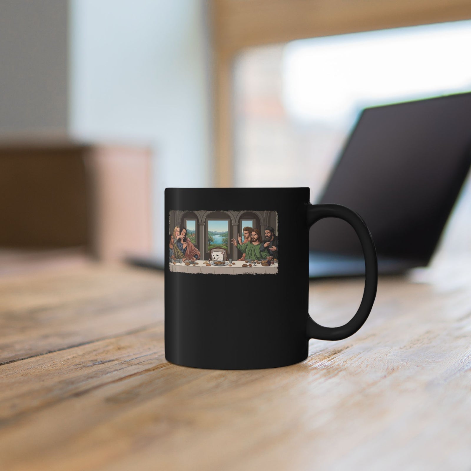 Last Supper x Woman Yelling at Cat Mug — Funny Religious Art Mashup Black Mug