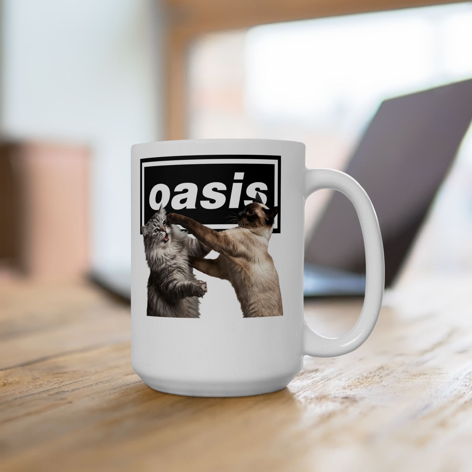 Oasis Cat Fight Ceramic Mug — Desert Cat Battle Graphic Mug
