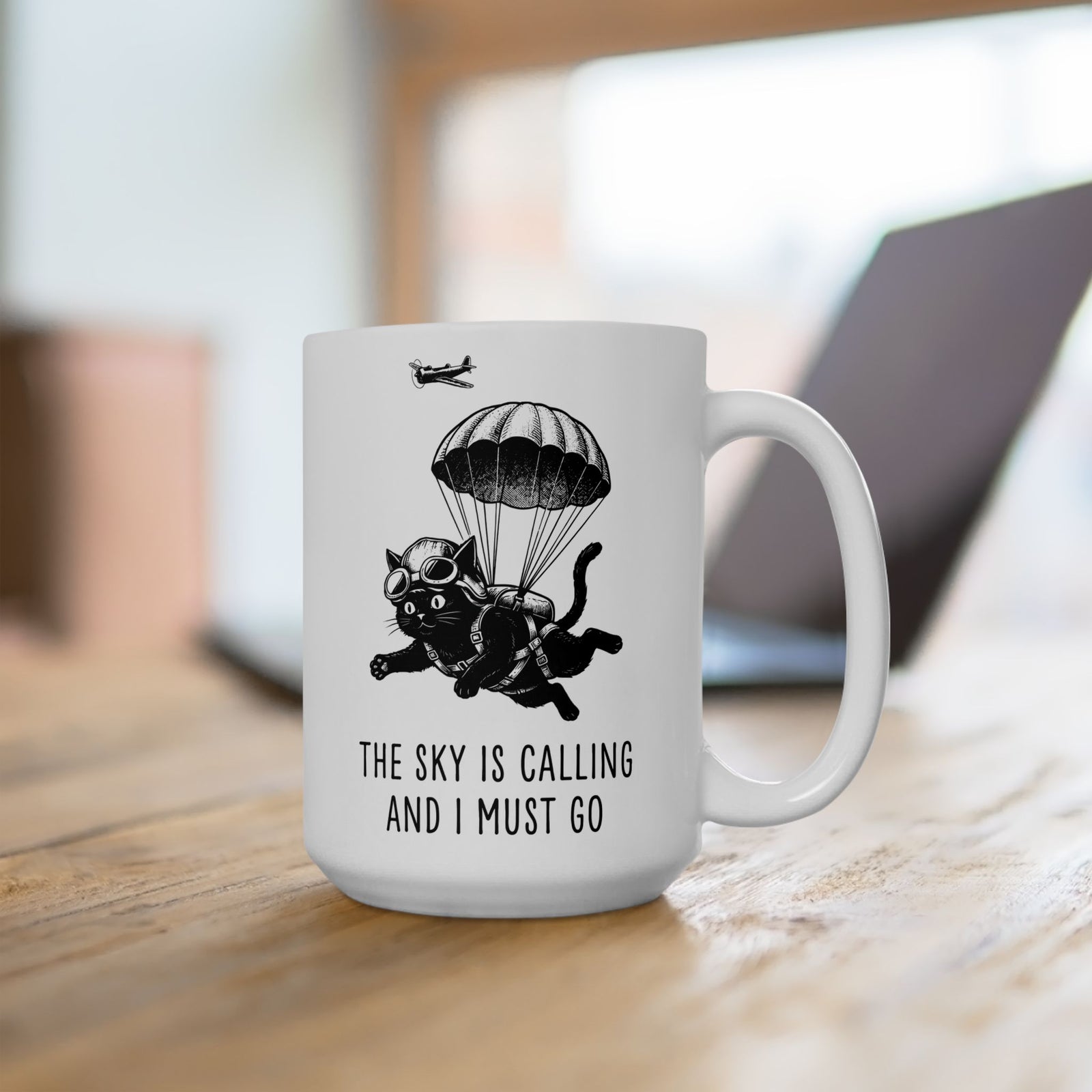 The Sky Is Calling And I Must Go Ceramic Mug — Funny Parachuting Black Cat Mug