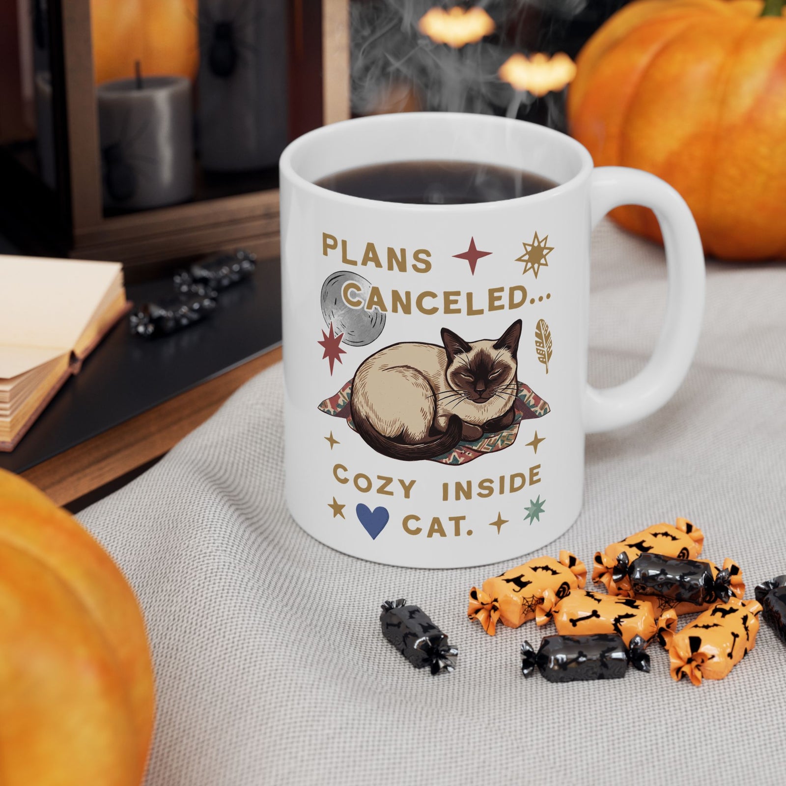 Plans Canceled Cozy Indoor Cat Ceramic Mug — "Plans Canceled" Graphic Mug