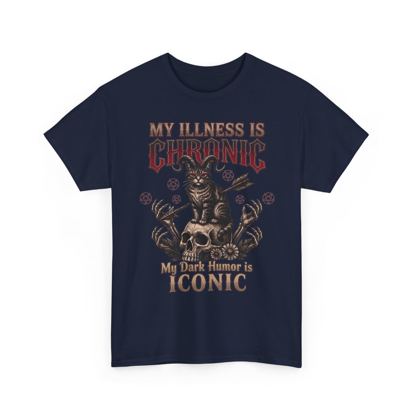 My Illness Is Chronic My Dark Humor Is Iconic T-Shirt — Gothic Horned Cat Tee